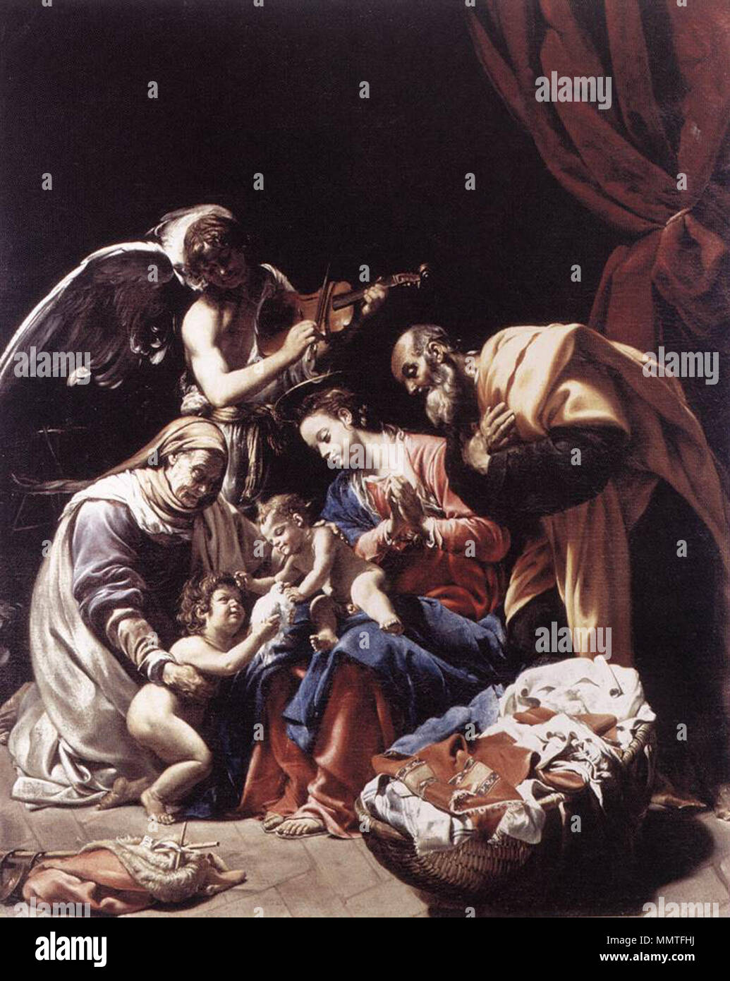 . Anglais : Sainte Famille avec Music-Playing Angel, Saint Elisabeth et le taux de Jean le Baptiste la remise de la colombe, une allégorie de l'Esprit Saint, Jésus à sainte Famille avec sainte Elisabeth, le jeune Saint Jean-Baptiste et un ange. circa 1609. Orazio Borgianni - Sainte Famille avec sainte Elisabeth, le jeune Saint Jean-Baptiste et un ange - WGA02470 Banque D'Images