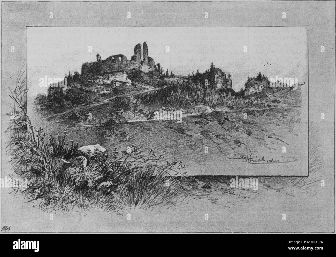 . Anglais : les ruines du château de Brandýs nad Orlicí sur une copie en noir et blanc d'une peinture. Brandys nad Orlici ruine 1886 Liebscher Banque D'Images
