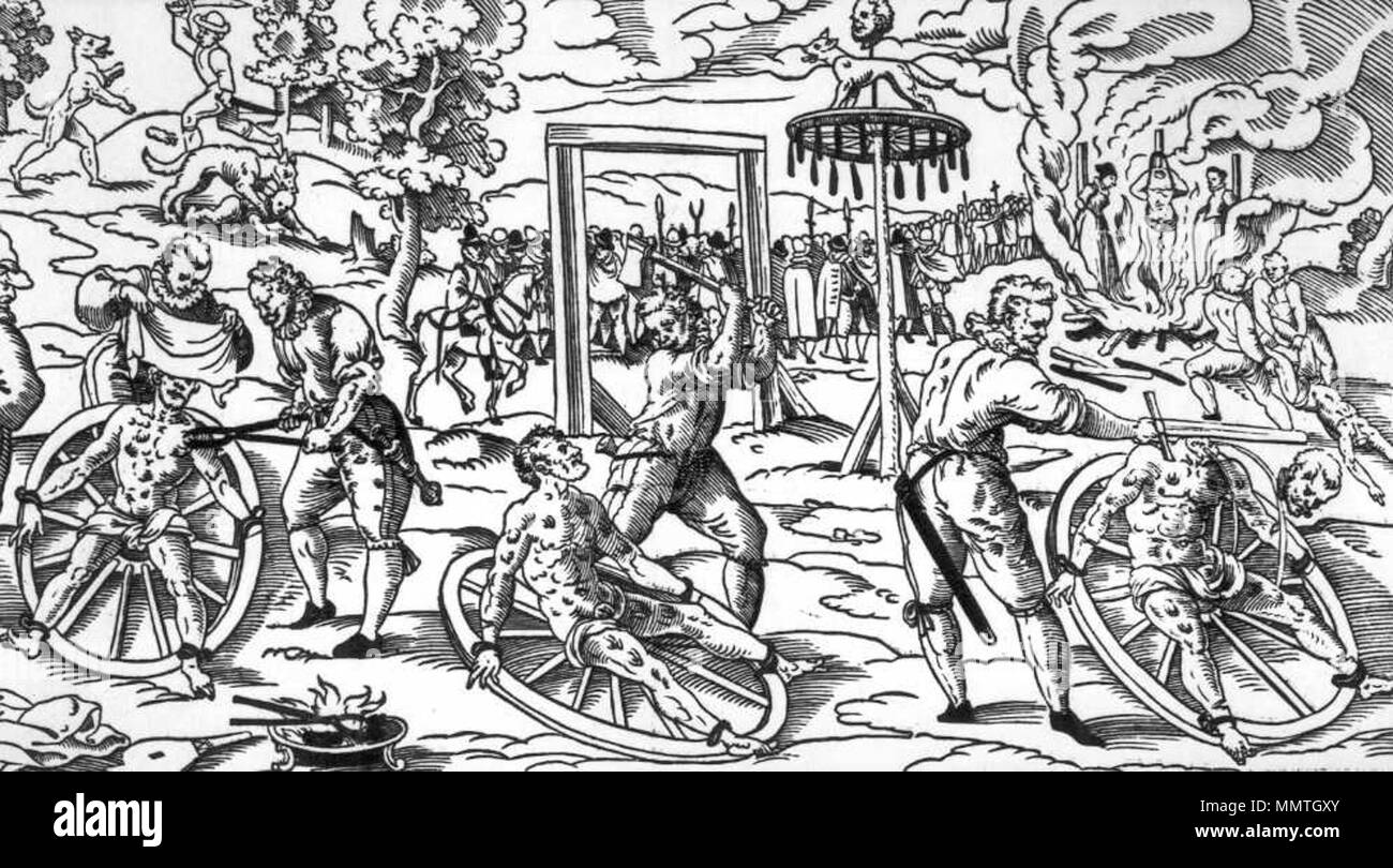 . Ce bois coupé montre la roue 'breaking' comme il a été utilisé en Allemagne au Moyen Age. La date exacte est inconnue, comme c'est le créateur, mais elle décrit l'exécution de Peter Roman Jahn à Cologne en 1589. Cette forme de punition était plus courante au moyen âge et au début de l'âge moderne. Si, par exemple, dans de nombreuses régions de l'avenir de l'Allemagne, la roue a été toujours utilisé au 19e siècle. La dernière exécution connue est passé 1841 en Prusse. La photo a été publiée dans 'Het Tijdschrift voor Geschiedenis' Tilburgs (Tilburg History Magazine) en 2003. La gravure sur bois se rapporte le crime et le punir Banque D'Images