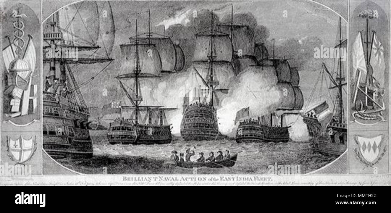 . Anglais : Brillant action navale de la flotte des Indes. La représentation de l'action navale se sont battus en Inde 15e Feby 1804 où le capitaine Dance.... a défendu les navires sous son convoi, et les navires Marengo... Et de quatre frégates, Malacca, 15 févr. 1804 . Entre 1804 et 1810. Brillant non action navale de la flotte des Indes Banque D'Images