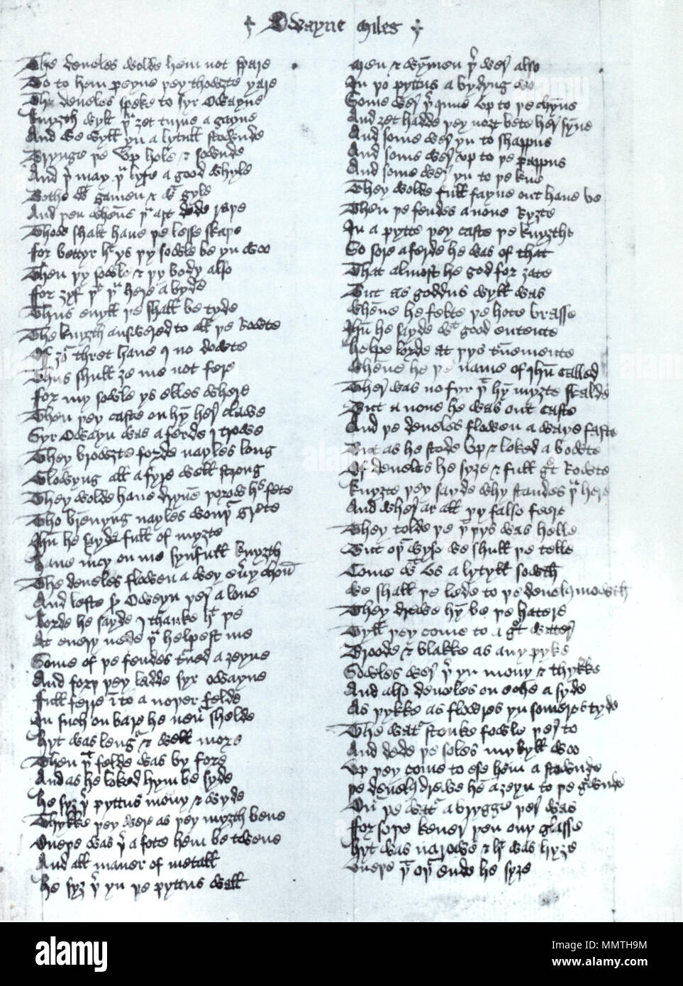 . Folio 93v de British Library MS Cotton Caligula A ii, montrant un moyen anglais Traduction de Tractatus de Purgatorio Sancti Patricii, organisé en octosyllabes couplets. Les premières lignes de la colonne de gauche lu (voir p. 52, ligne 333 et suivants) : Le deueles wolde hem pas épargné, à [d]o þey thowȝte hem peyne yare. E[e] deueles speke pour Syr Owayne Knyȝth wylt, ', ȝet agayne þou turne, et nous avons une lytull stownde wyll yn Brynge þe vp sownde et trou ; et peut-être þer þou lyfe un bon whyle, Bothe wyth gamen et wyth gyle. (C'est à partir de la troisième tourment ou le 1er domaine de tourments où les âmes sont cloués face-dow Banque D'Images