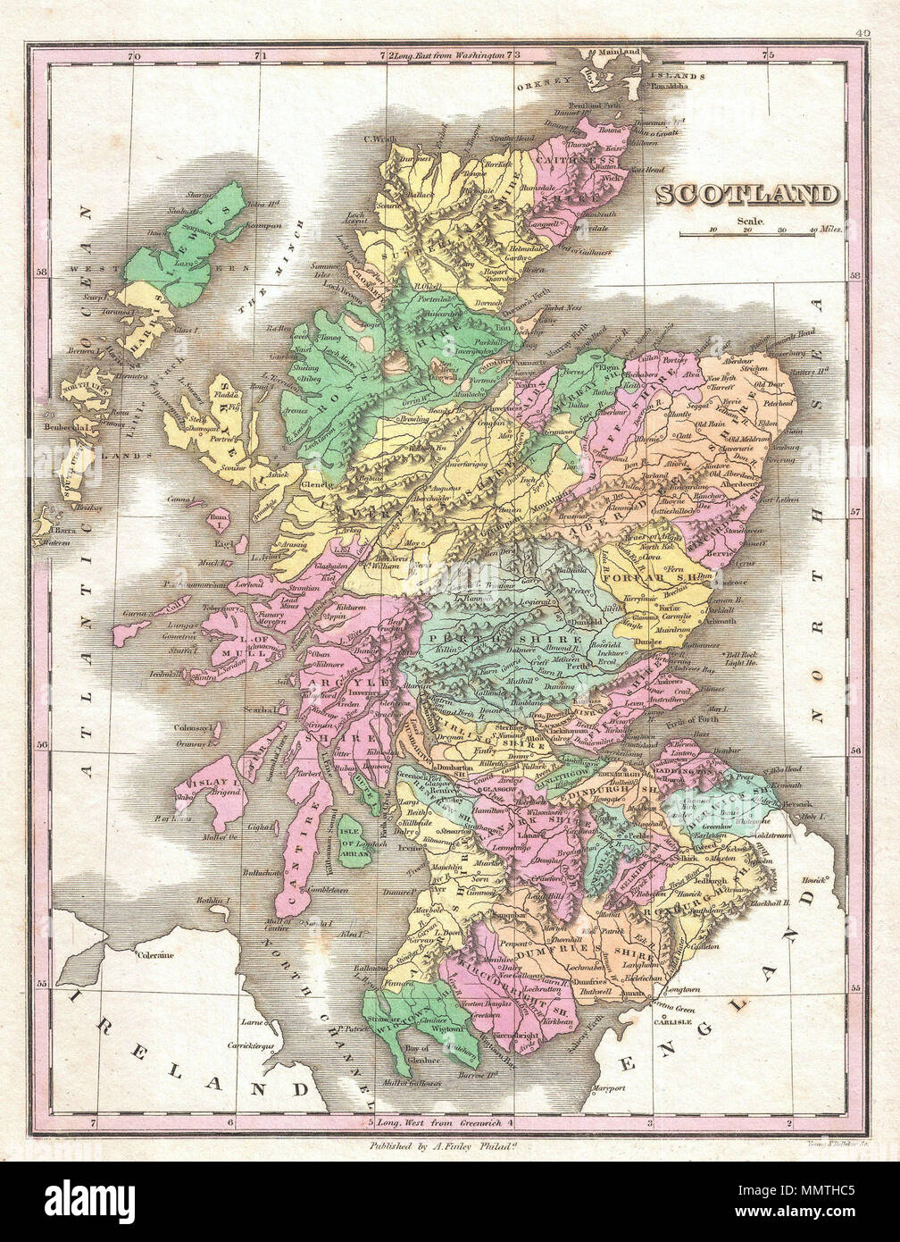 . Anglais : c'est souhaitable de Finley 1827 Carte de l'Écosse. Montre d'eau, de routes, de canaux, et certaines caractéristiques topographiques. Codage couleur traditionnelles divisions comté définit. Mille balances et titre en quadrant supérieur droit. Gravée par les jeunes et pour l'édition 1827 Delleker de Anthony Finley's Atlas général . L'Écosse.. 1827 (sans date). 1827 Finley Plan de l'Écosse - Écosse - Geographicus-finley-1827 Banque D'Images