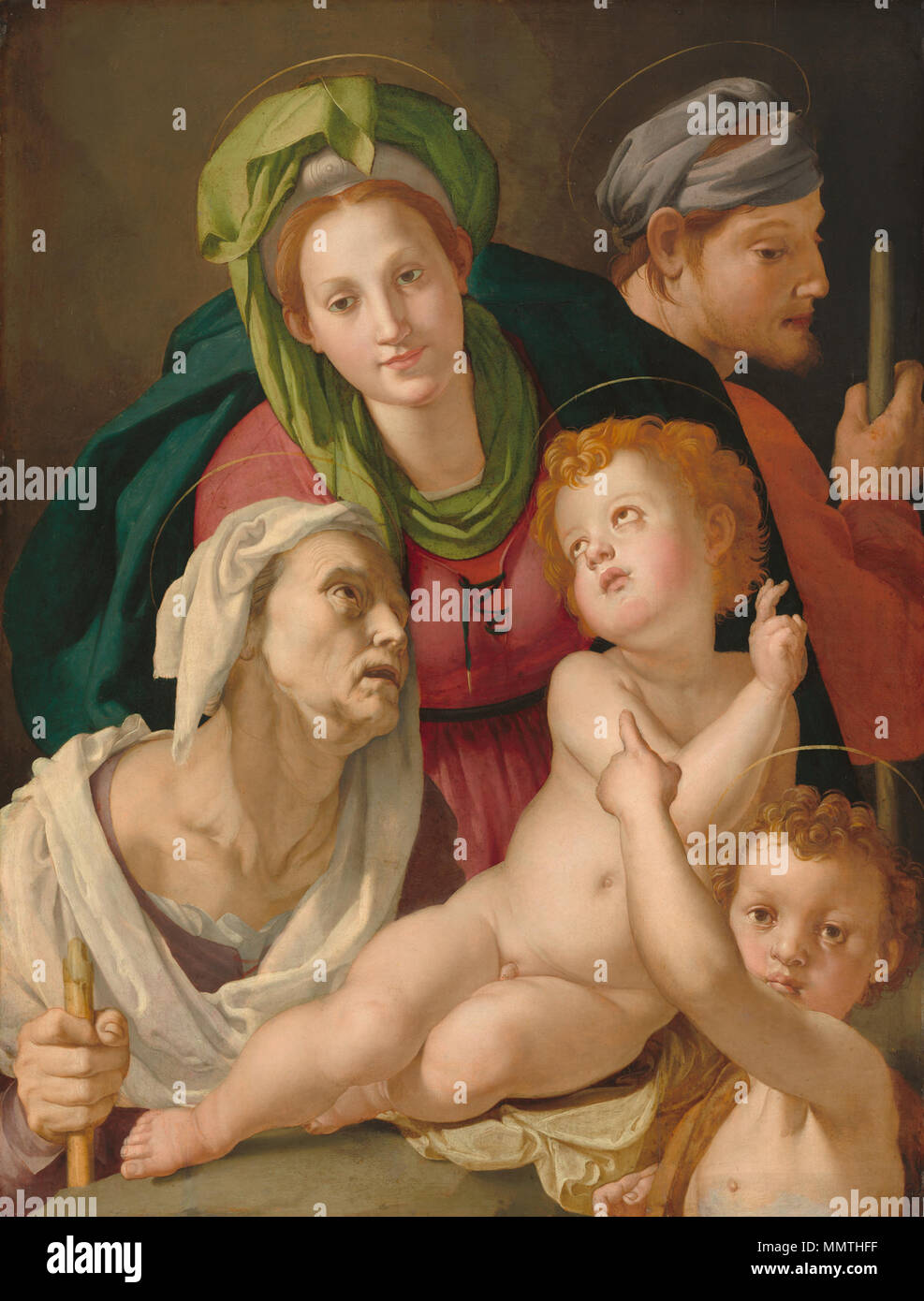 Peinture huile sur panneau ; total : 101,3 x 78,7 cm (39 7/8 x 31 in.) : 147,3 x 123,2 encadrée x 8,9 cm (58 x 48 1/2 x 3 1/2 in.) ; Bronzino la Sainte Famille NGA Banque D'Images