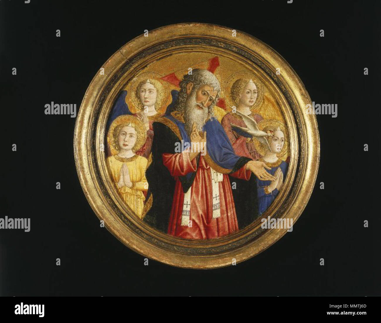 Dieu le Père avec quatre anges et la colombe du Saint Esprit. vers 1460. Le Musée de Brooklyn - Dieu le Père avec quatre anges et la colombe de l'Esprit Saint - Giovanni Francesco da Rimini Banque D'Images