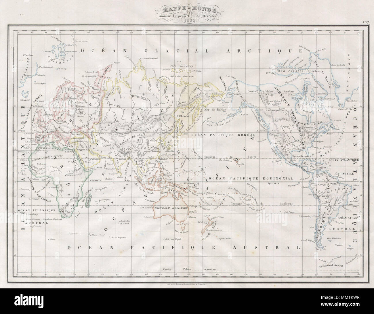 . Anglais : ce rare à la main, la carte est une plaque de cuivre gravure lithographique, datant de 1832 par le cartographe franco-danoise Conrad Malte-Brun respecté. Il s'agit d'une représentation du monde sur une projection de Mercator. La carte est colorié à la main dans les grandes lignes. Tout le texte est en français. Cette carte est basée sur le début du 19ème siècle Malte-Brun études cartographiques et ont été publiés à Paris comme la "géographie universelle." Cette édition a été révisée et mise à jour par graveur français J. J. N. Huot aux normes de 1832. Le travail de Malte-Brun était connu depuis longtemps pour sa simplicité minimaliste. Mappe Banque D'Images