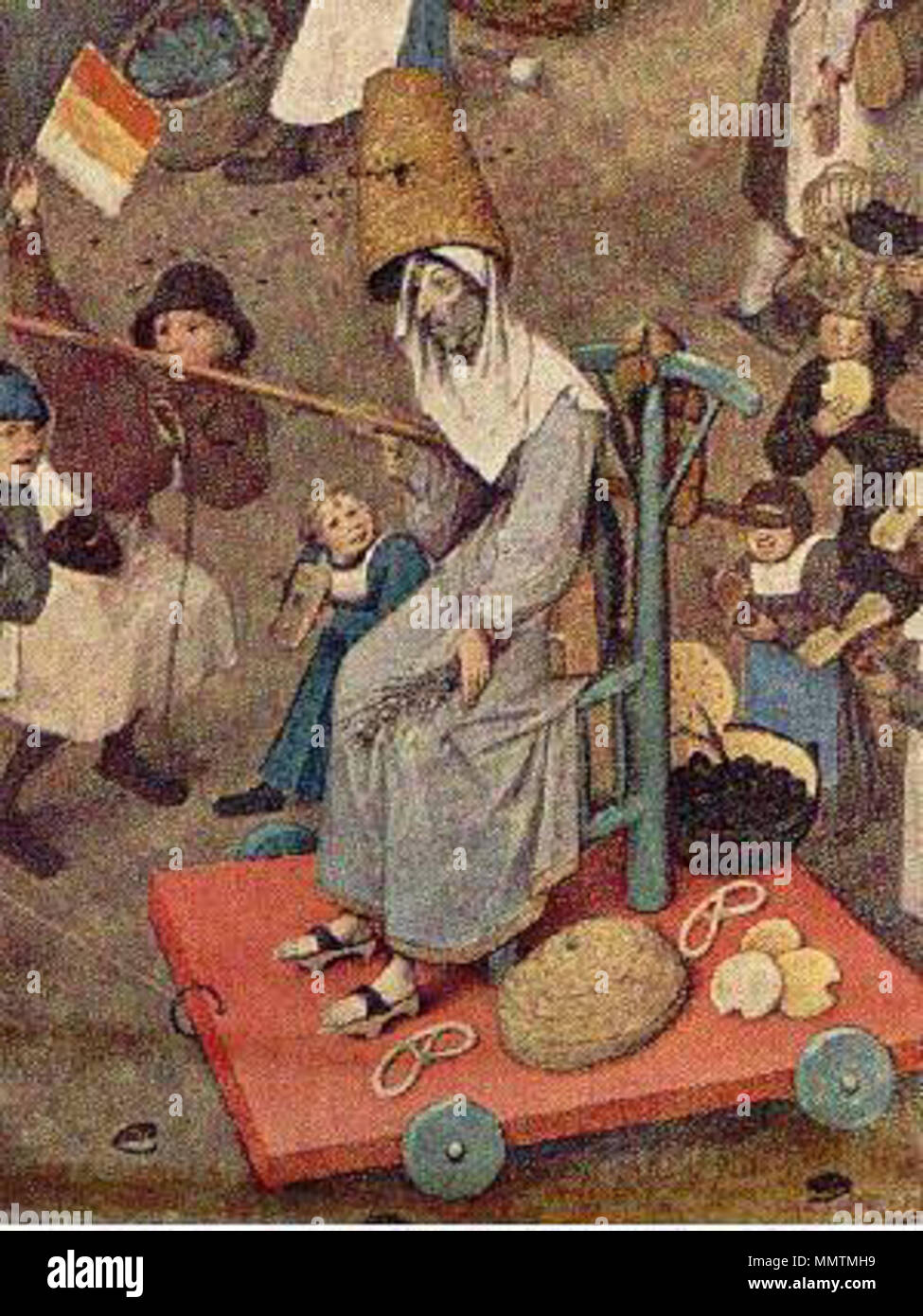 . Anglais : Pieter Bruegel l'Ancien, Détail de la peinture le combat de Carnaval et Carême (1559), huile sur bois, 46 x 65, au Kunsthistorisches Museum, Vienne. Remarque : le pain et les bretzels sont sur le chariot de Carême. Русский : Изображение картина поста на П. « Брейгеля Карнавалом Постом Битва между и". 1559 . 1559. Pieter Bruegel l'ancien Bruegel Carême Banque D'Images