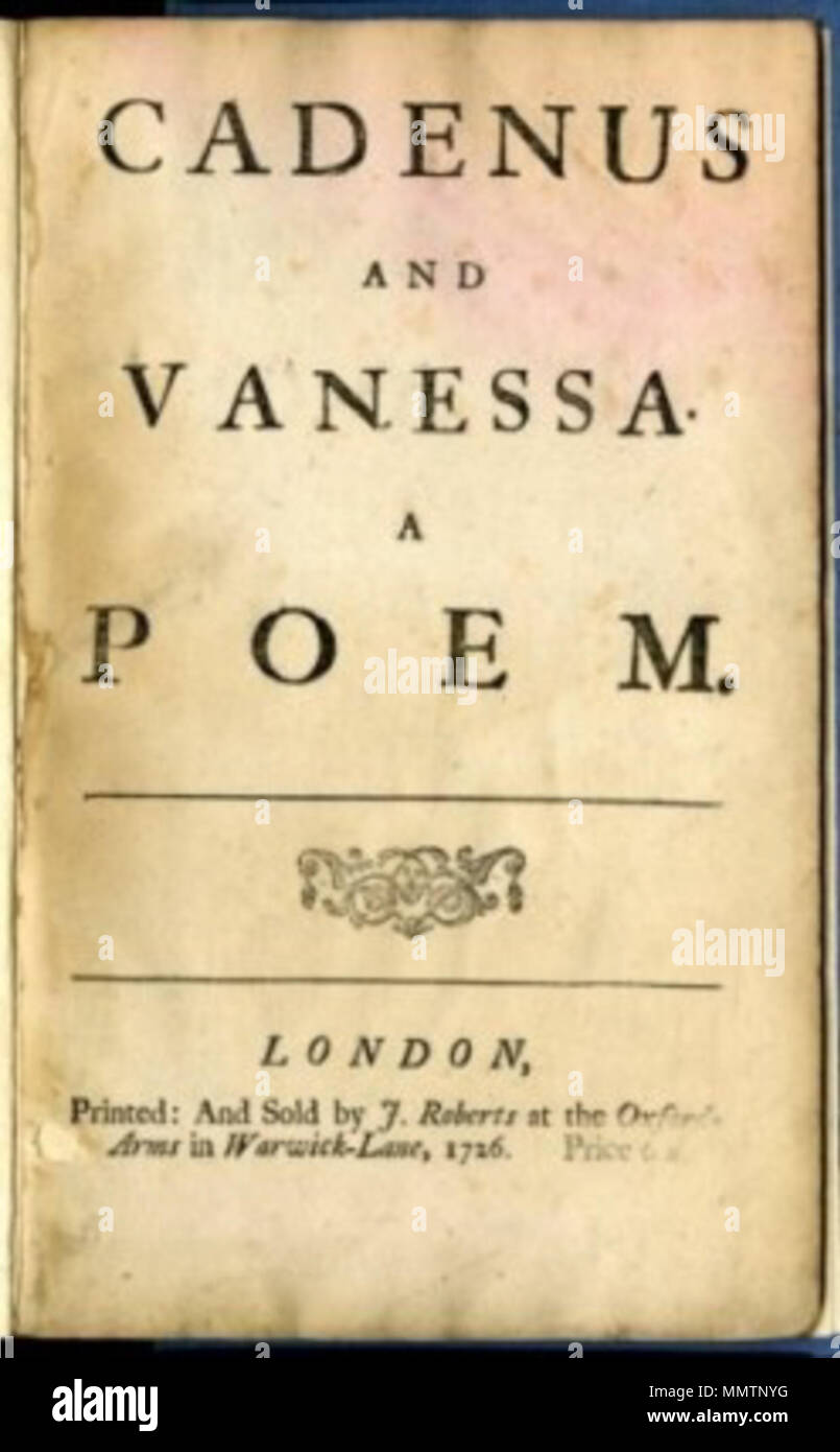 . Anglais : Première page du livre 'Cadenus et Vanessa. Un poème" par Jonathan Swift Español : Portada de primera edición de la obra "Cadenus et Vanessa. Un poème' del escritor Jonathan Swift . 1726. Jonathan Swift Cadenus et Vanessa. Un poème - Jonathan Swift Banque D'Images