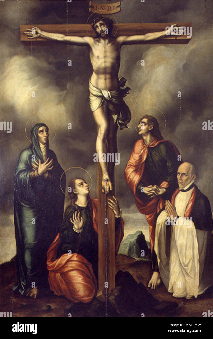 Español : La obra représenta un Jesucristo crucificado en el monte Calvario  y acompañado por su madre, la Virgen María, por Santa María Magdalena, por  San Juan Evangelista y por un