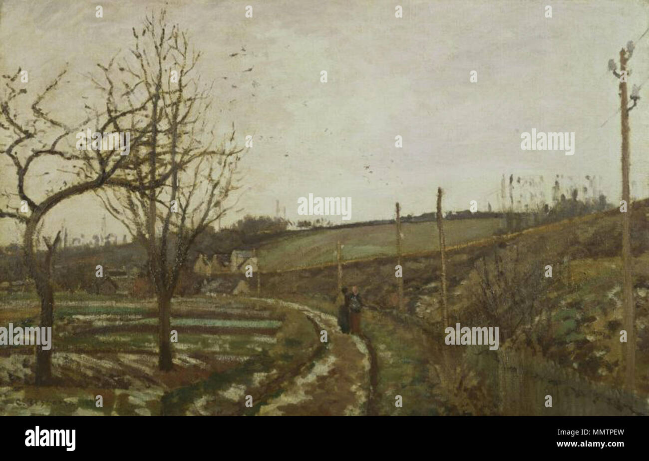 Paysage d'hiver. 1873. Camille Pissarro - La route est au bord du chemin de fer effet de neige - petit format 1873 Banque D'Images
