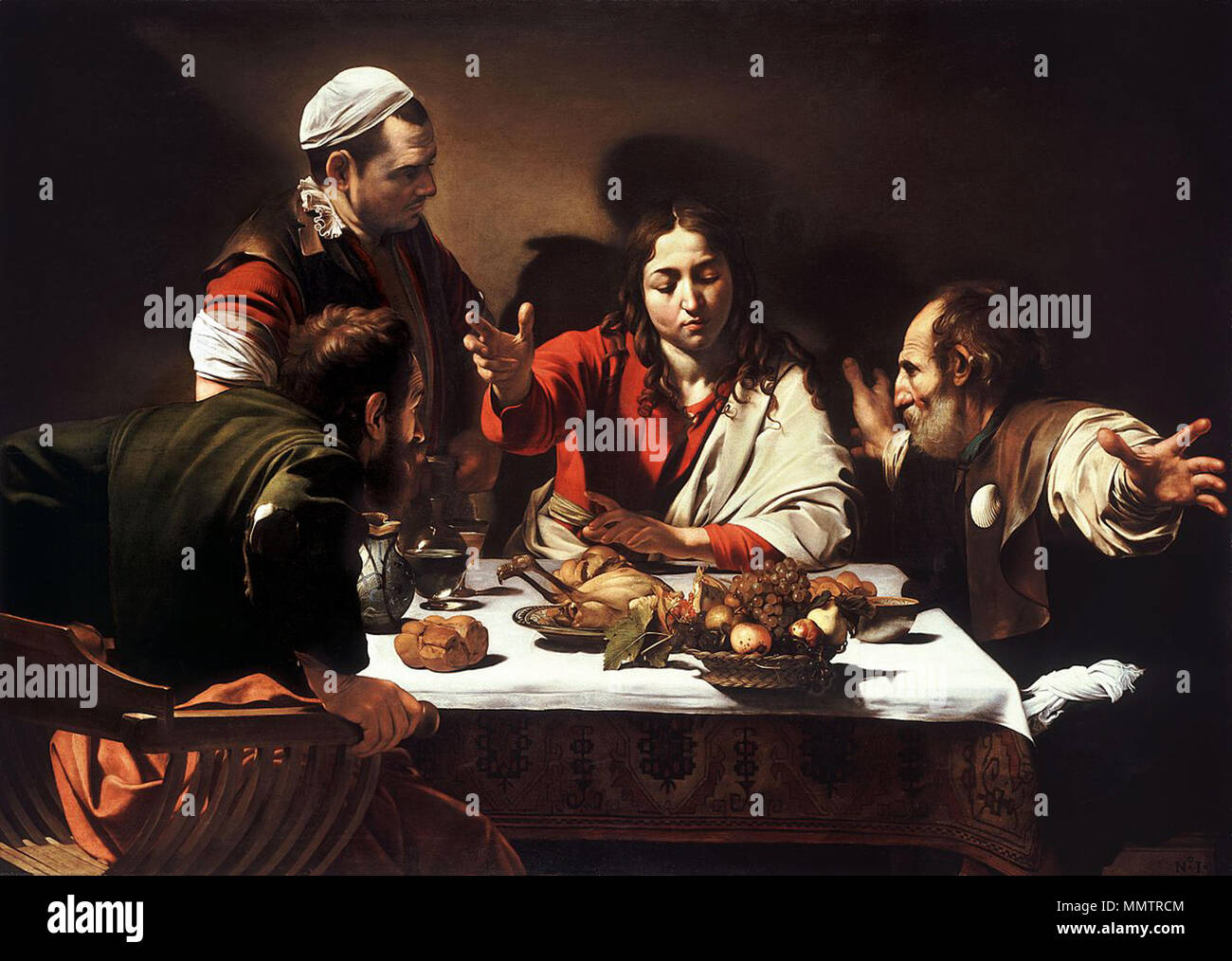 . L'image est dominé par un akwardly Jésus imberbes. Le souper à Emmaüs. Entre 1601 et 1602. Caravaggio-emmaus.750pix Banque D'Images