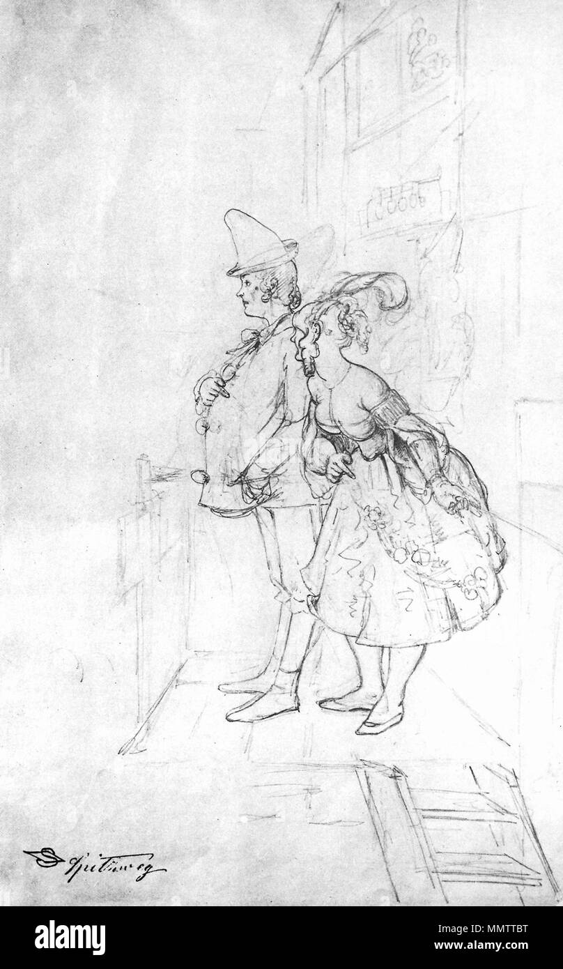 Deutsch : Harlekin und Columbine. 'Treten Sie ein, meine Herrschaften". vers 1850. Carl Spitzweg - Harlekin und Columbine Banque D'Images