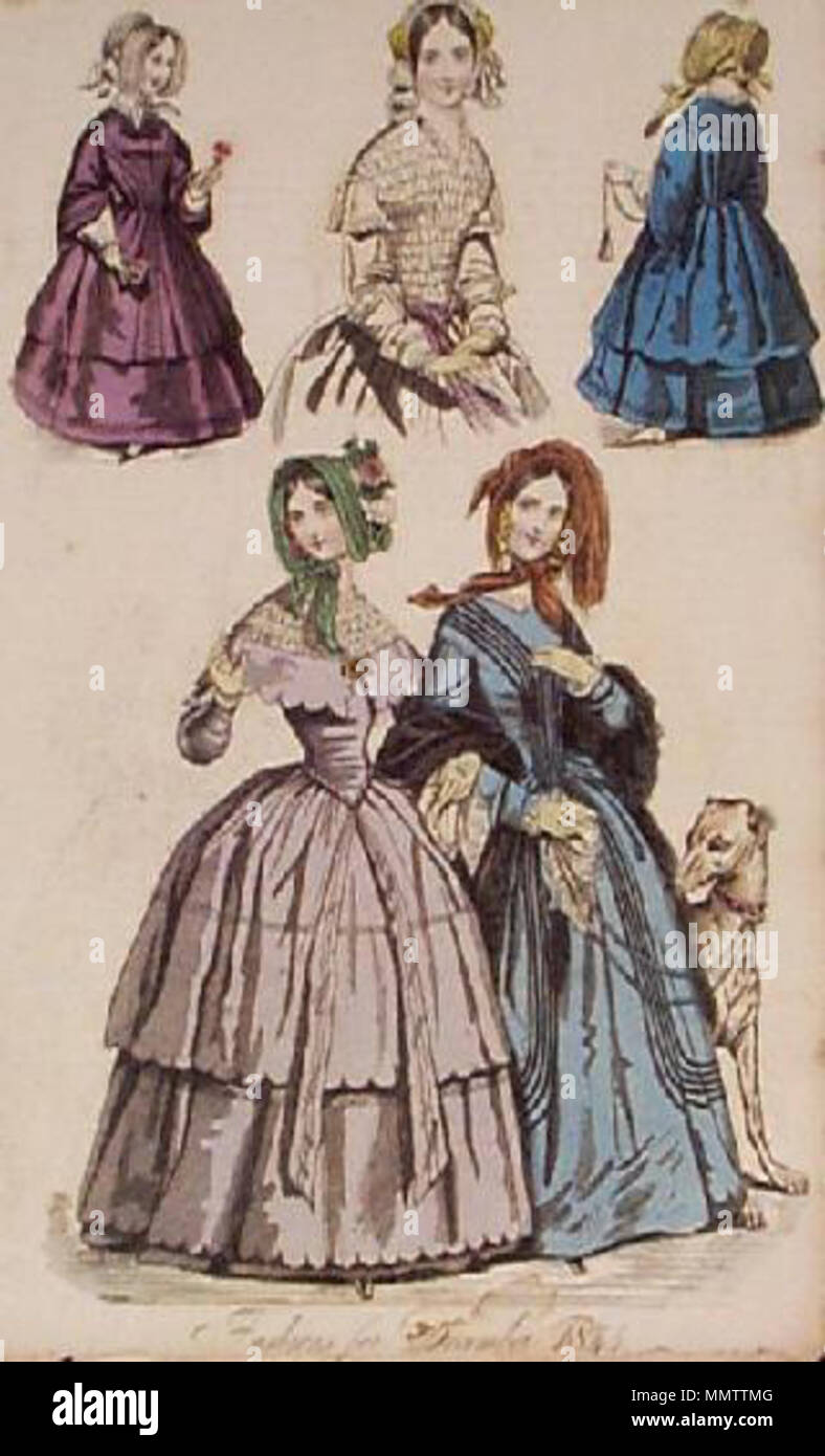 . Décembre 1844 Ladies' de la mode. Gravure sur acier de couleur à la main à partir d'un 1844 du magazine. . Décembre 1844. Gravure de mode inconnu Décembre 1844 Banque D'Images