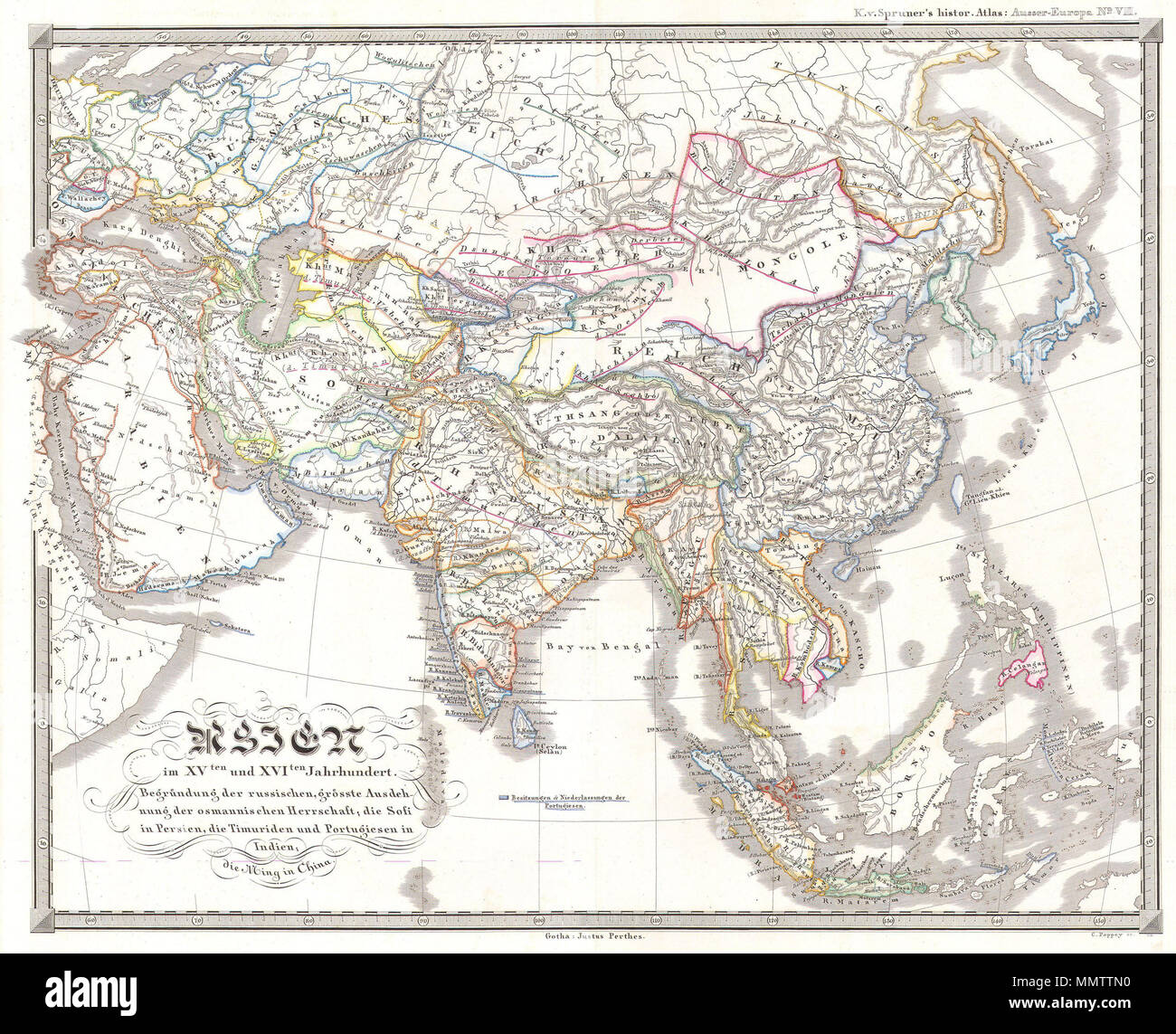 . Anglais : Cette fascinante colorié à la main carte représente l'Asie dans les 15e et 16e siècles. Cette période correspond à peu près à la Dyansty Ming en Chine, les incursions de la Perse et le Portugal dans l'Inde, et le début de l'Expansion russe. La dynastie perse la Timur. Singapour (Singapour) est étiqueté. Tout le texte est en allemand. Publié dans l'édition 1870 de la main de Stieler Atlas. XVten XVIten Asien und im Jahrhundert. Begründung der grösste russuschen osmannischen, Ausdehnung der Herrschaft ; die Sofi dans Timuriden Persien, die Portugiesen und en Indien, mourir en Chine. Ming 1844. 1844 Spruneri Banque D'Images