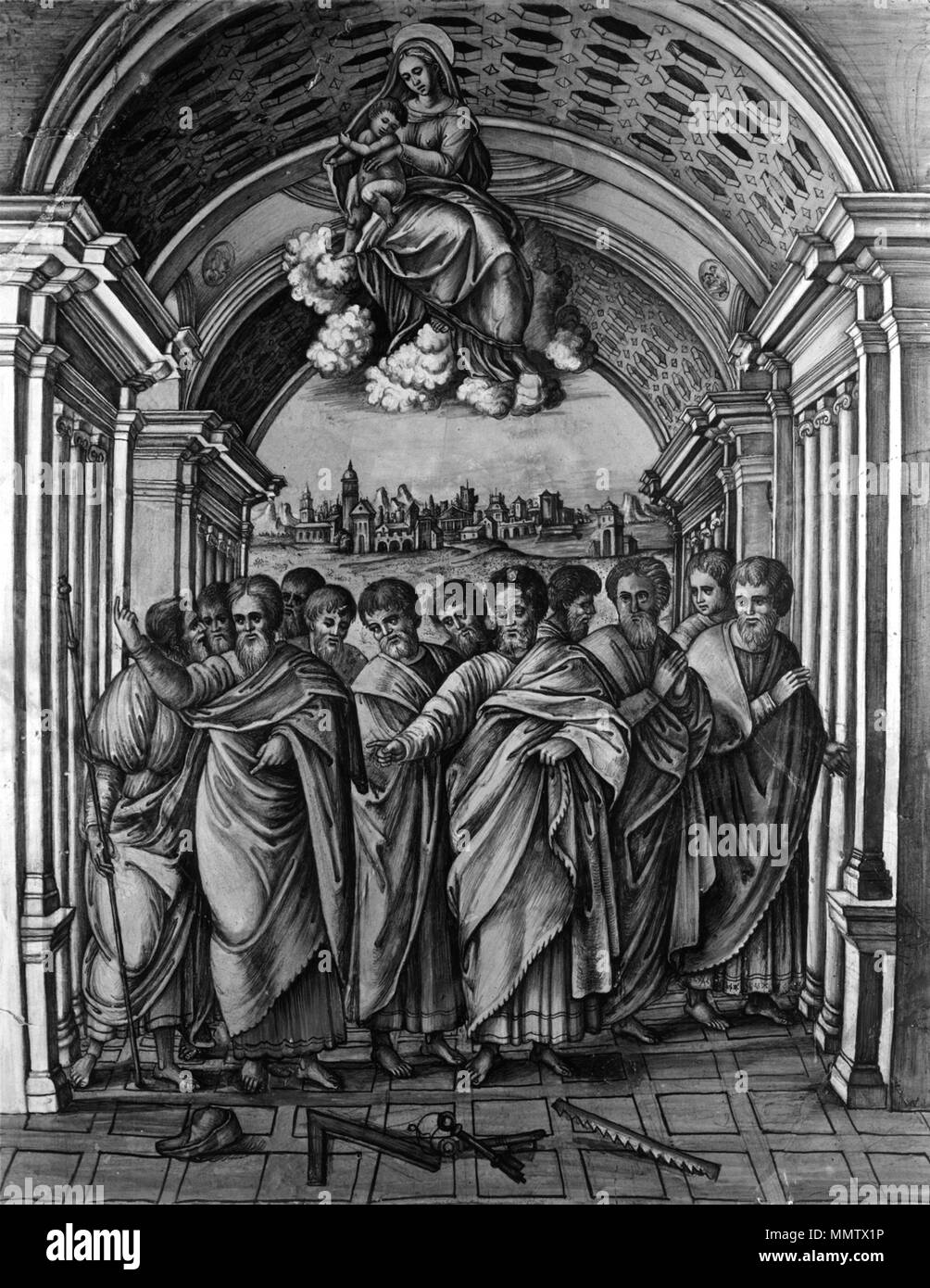 48,1515 Casa Pirota Atelier ( ?) (Italien). 'Plaque avec la Vierge à l'enfant et les douze apôtres, ca. 1525 Faïence. avec de l'étain glaze (maiolica). Walters Art Museum (48,1515) : acquis par Henry Walters, 1916. Casa Pirota Atelier - Plaque avec la Vierge à l'enfant et les douze apôtres - Walters 481515 Banque D'Images