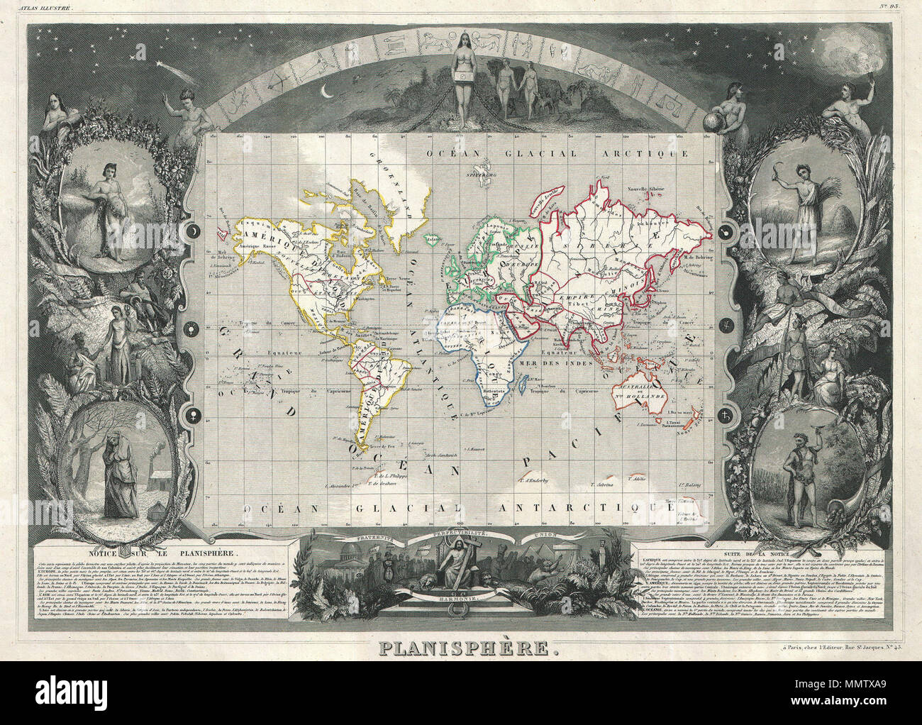 . Anglais : c'est une rare 1847 carte du monde par la carte française editeur Victor Levasseur. Probablement le plus Levassuer cherché après la carte de l'atlas. Représente le monde sur une projection de Mercator avec continents et quelques pays définis avec couleur de contour. Offre quelques éléments d'intérêt géographique. Cette carte montre le Oregon-Canada s'étendant de la frontière vers le nord dans ce qui est aujourd'hui la Colombie-Britannique le long du 54°40' nord parallèle. La carte mise en page, si ce n'est pas le site lui-même, est antérieur à l'acquisition de la Californie et du Texas par les États-Unis. Des traces de l'Antarctique apparaissent en bas de la carte où divers expl Banque D'Images