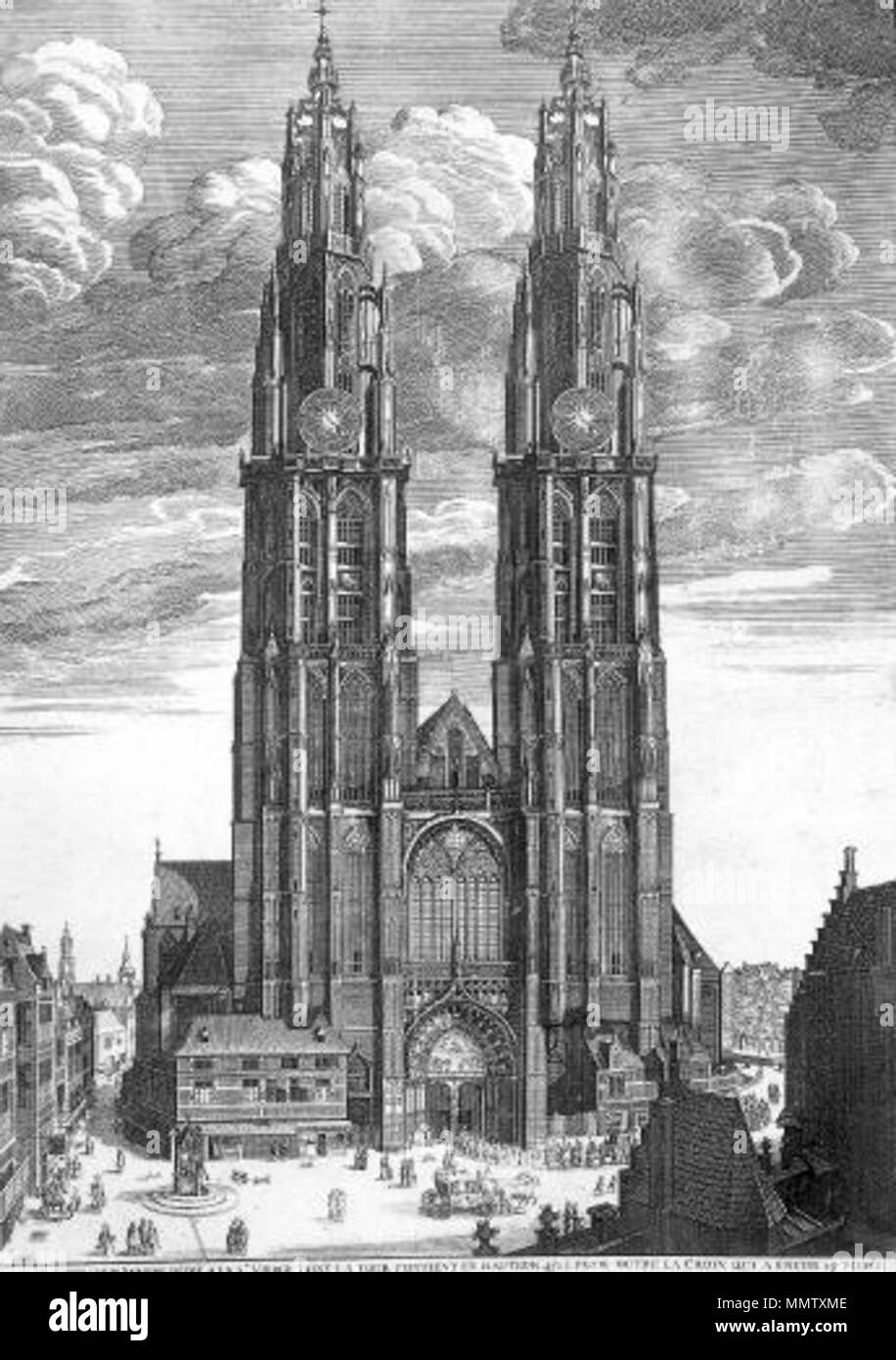 . La gravure du 18ème siècle montrant l'aspect final de la cathédrale de Notre Dame (Anvers). . 18e siècle. Pas de cathédrale de Notre-Dame (Anvers) 1800 Banque D'Images