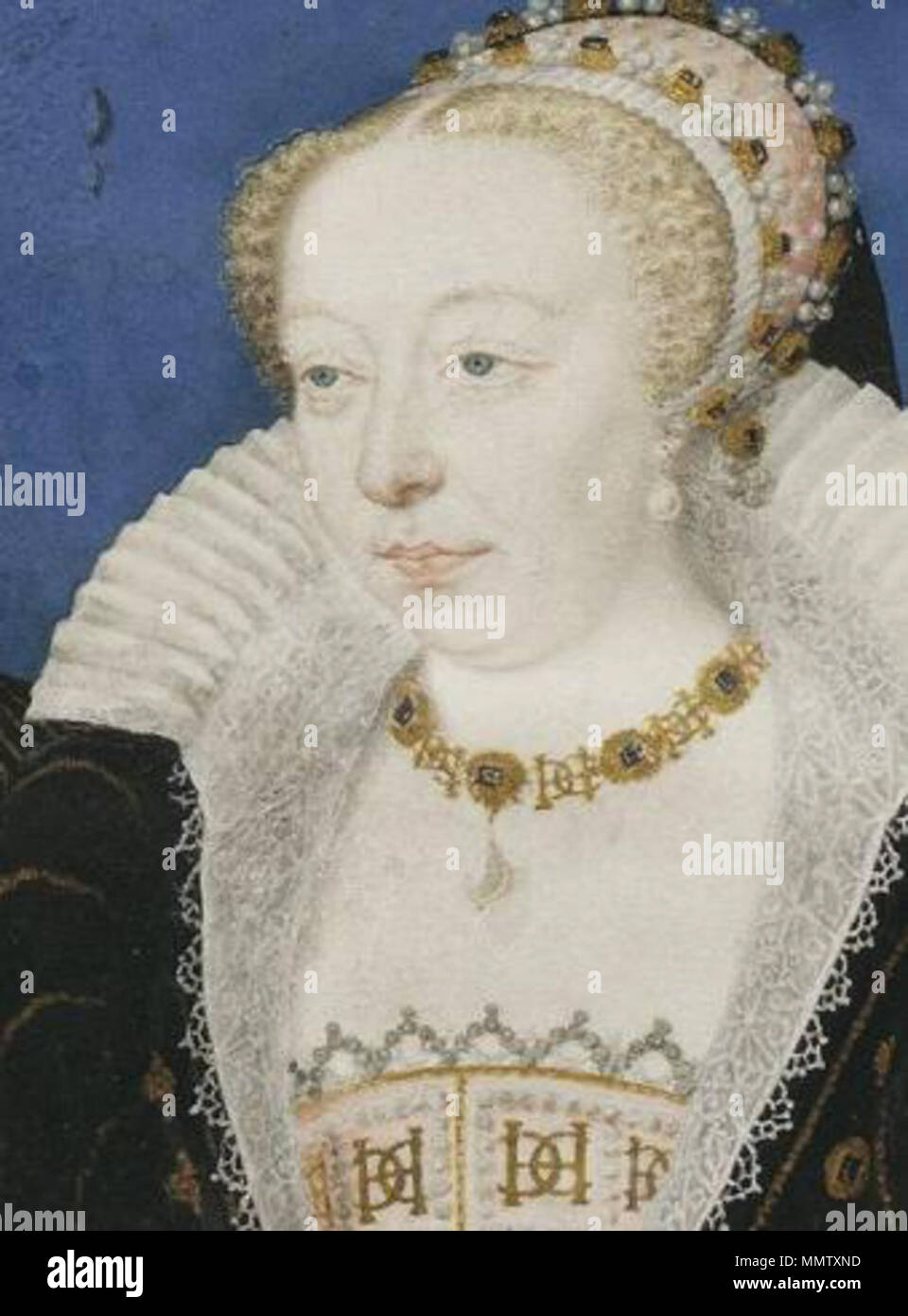 English : Extrait d'une miniature représentant Catherine de Médicis portant  sur le collier et la robe le monogramme de son époux, le roi Henri II. .  Vers 1575. Catherine de M.
