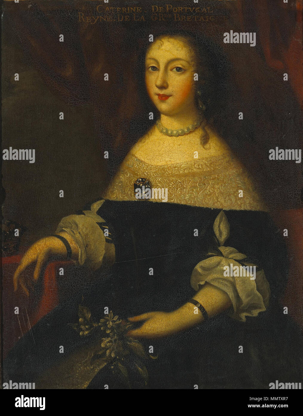 . Anglais : Portrait de Catherine de Bragance, reine d'Angleterre, d'Écosse et d'Irlande, tenant une branche de fleurs. Português : Retrato de D. Catarina de Bragança, Rainha da Inglaterra, Escócia e Irlanda, num segurando ramo de flores. Catherine de Bragance tenant une branche de fleurs (17e siècle) l'école française Banque D'Images