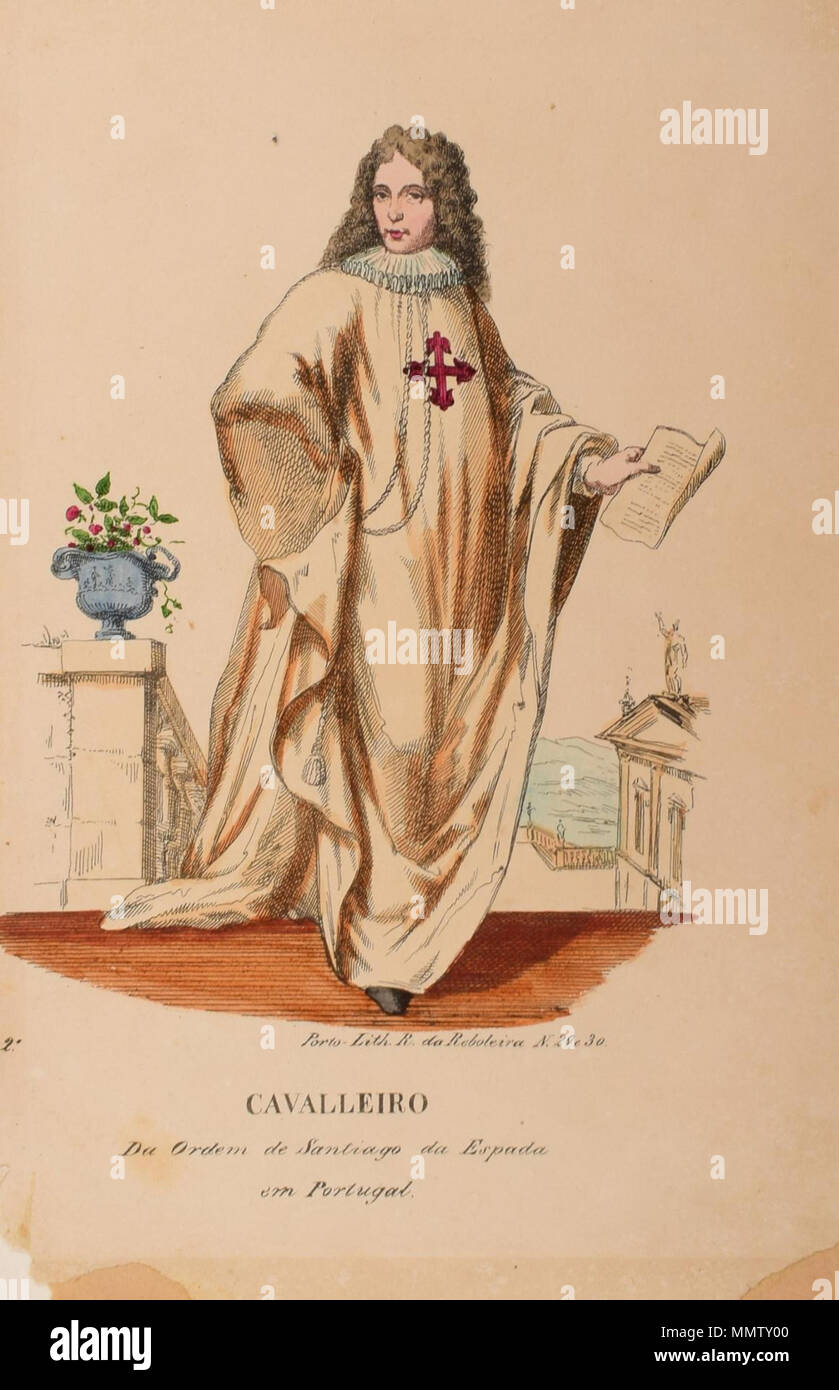 . Anglais : Chevalier de l'Ordre de Saint Jacques de l'épée, au Portugal, dans un début de 20e siècle imprimer. Português : Cavaleiro da Ordem de Santiago da Espada, em Portugal, numa estampa do início do século XX. Cavaleiro da Ordem de Santiago da Espada em Portugal Banque D'Images