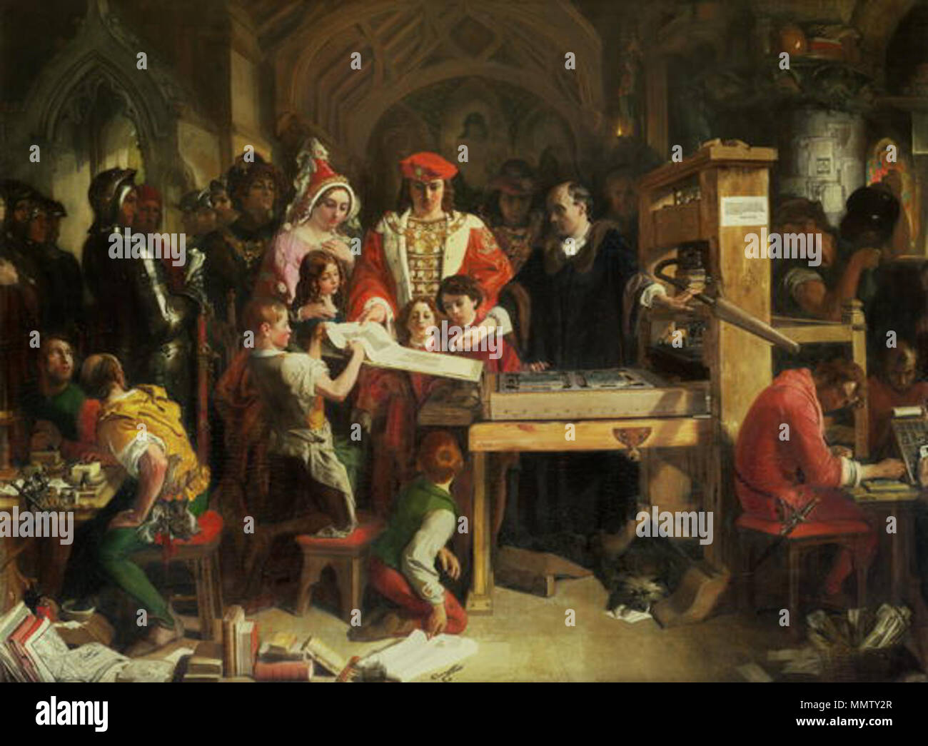 . Anglais : Caxton montrant le premier spécimen de son impression sur le roi Édouard IV à l'Almonry, Westminster : Avec Edward sont sa femme, Elizabeth Woodville, et leurs enfants, Elizabeth, Edward, et Richard. . 1851. Daniel Maclise (1806-1870) Noms alternatifs D. Maclise ; Alfred soirées ; D. M'Clise ; Daniel McLise maclise ; d. ; Maclise Description peintre irlandais Date de naissance/Décès 25 Janvier 1811 25 avril 1870 Lieu de naissance/décès - Cork, Irlande Corcaigh Chelsea contrôle d'autorité : Q1161631 : VIAF ?3271806 ?ISNI : 0000 0001 1466 2521 ULAN : ?500014844 RCAC : ?c92007687 35320423 NLA : ?Wo Banque D'Images