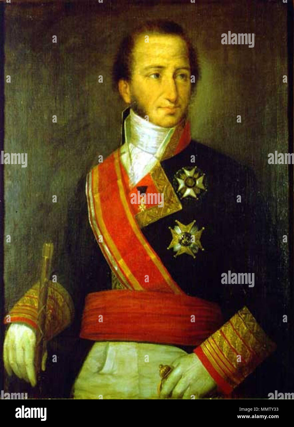 . Español : Retrato del marino español Cayetano Valdés (1767-1835), que llegó a ser el XVII capitán general de la Real Armada Española. En 1809 ascendió teniente general un y fue nombrado capitán general de Cadix. El retrato fue realizado en Sevilla en 1847, por encargo del Museo Naval de Madrid, y el retratado aparece de medio cuerpo y de front, vistiendo el pequeño uniforme de capitaine général et de directeur général de la Armada. Luce y las bandas y placas de las grandes cruces de las órdenes de San Fernando et de San Hermenegildo y la venera de caballero de la Orden de Malte. El cuadro ingresó Banque D'Images