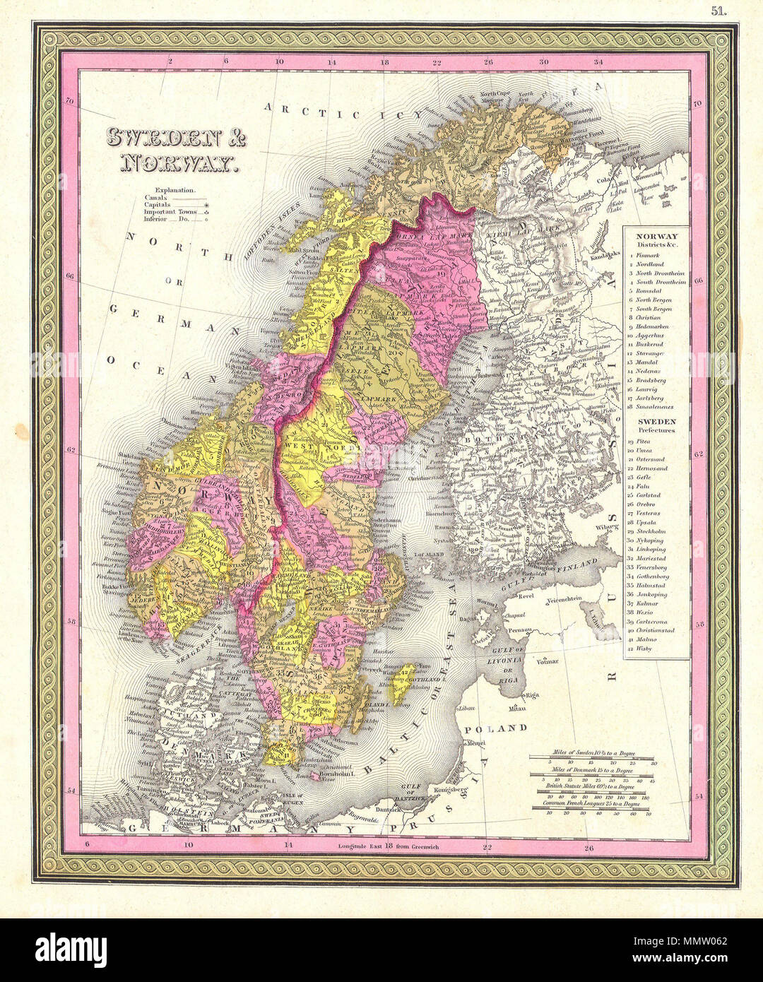 . Anglais : cette main rares carte en couleur est une gravure lithographique de la Norvège et de la Suède, datant de 1846 par le légendaire cartographe S.A. Mitchell, l'aîné. Dépeint la Scandinavie en totalité, de l'Arctique au Danemark. Comprend la Finlande. Tableau des districts d'administration sur le côté gauche. La Suède et la Norvège... 1850. Mitchell 1850 Plan de la Suède et la Norvège - Geographicus - SwedenNorway-M-50 Banque D'Images