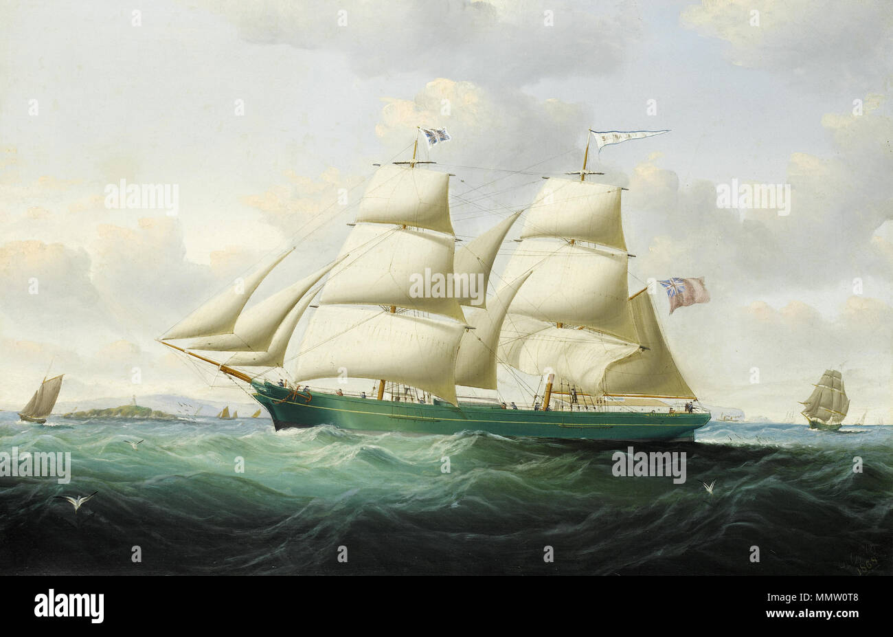 Le brick Selina Jane appelant à un projet pilote au large de l'île, peut-être un phare de Godrevy, Cornwall. 1868. Charles Ogilvy - Le brick Selina Jane (1868) Banque D'Images