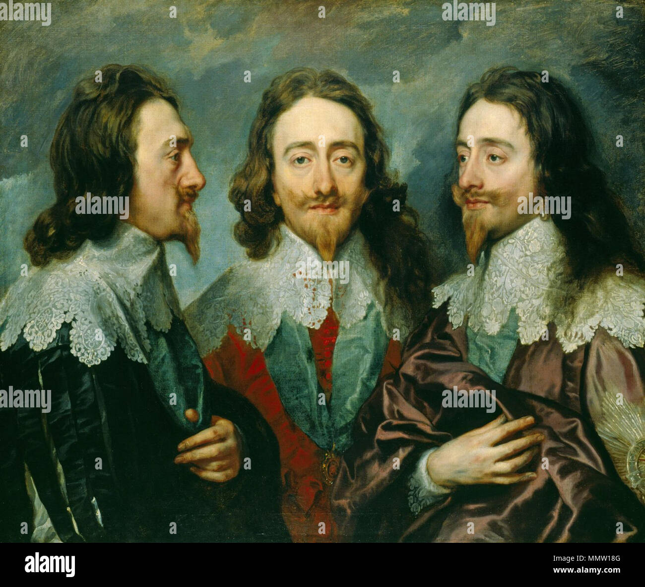 . Anglais : Anthony Van Dyck, peintre de la cour de Charles I, créé ce portrait de Charles Ier, roi d'Angleterre, à partir de trois angles, communément connue sous le nom de 'Triple Portrait. La peinture à l'huile sur toile a été faite autour de 1636, et est un exemple de la façon dont Van Dyck a eu tendance à masquer Charles I's petite stature, lui dans une manière plus digne. Il a été envoyé à Rome, où le sculpteur Gian Lorenzo Bernini, commandé par le Pape Urbain VIII, l'a utilisé pour fait un buste en marbre de Charles. Le buste peut avoir été à l'origine place dans le hall de la Maison de la Reine, et plus tard a été perdu dans l'incendie du Palais de Whitehall de 1698. Banque D'Images . Anglais : Anthony Van Dyck, peintre de la cour de Charles I, créé ce portrait de Charles Ier, roi d'Angleterre, à partir de trois angles, communément connue sous le nom de 'Triple Portrait. La peinture à l'huile sur toile a été faite autour de 1636, et est un exemple de la façon dont Van Dyck a eu tendance à masquer Charles I's petite stature, lui dans une manière plus digne. Il a été envoyé à Rome, où le sculpteur Gian Lorenzo Bernini, commandé par le Pape Urbain VIII, l'a utilisé pour fait un buste en marbre de Charles. Le buste peut avoir été à l'origine place dans le hall de la Maison de la Reine, et plus tard a été perdu dans l'incendie du Palais de Whitehall de 1698. Banque D'Images