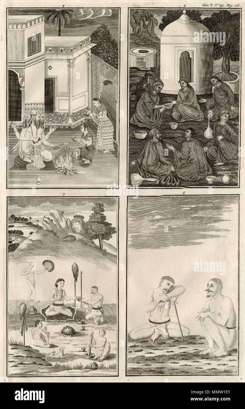 . English : 'Yxora. (L'idole Yxora ou Vedan / Lit / Beth des brahmanes, une idole avec 4 têtes, 4 mains et 2 pieds. Les mains sont généralement de 4 livres d'enseigner sur le droit et la religion.) Planche 6 : 'Parsis...' (trois parsis garder le feu dans le temple.) Figure 7 : 'Jougis ...' (Yogi Religion, un sekt du Brahman et de leurs fonctionnaires. Ils sont immobiles dans la pose qu'ils ont choisi. La ceinture indique leur grade.) Planche 8 : (deux. du Yogi) de 'Atlas historique...' par Zacharie Chatelain, Amsterdam, 1732 Source : ebay, janvier 2012 . 1732. Zacharie Chatelain Chatelain Banque D'Images