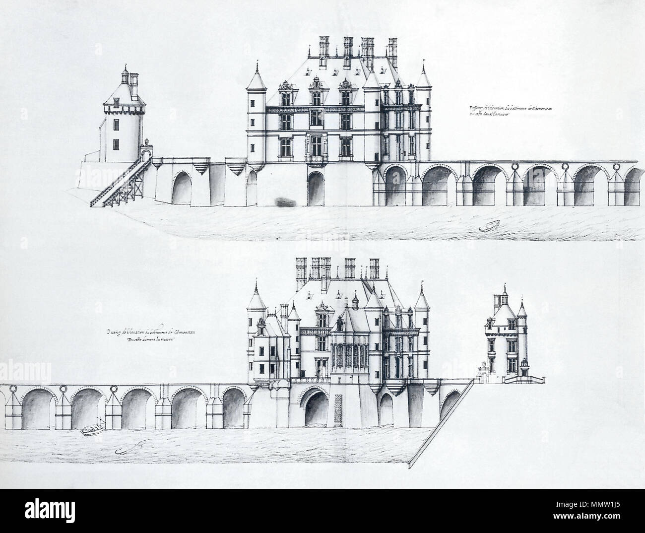 . Deutsch : English : Schloss Chenonceau Le Château de Chenonceau, deux études : la partie supérieure, une vue sur le château de l'ouest avec le pont qui s'étend jusqu'à la droite (sud) ; la partie inférieure, une vue sur le château de l'est avec le pont qui s'étend jusqu'à la gauche . circa 1570. ChenonceauduCerceau01 Banque D'Images