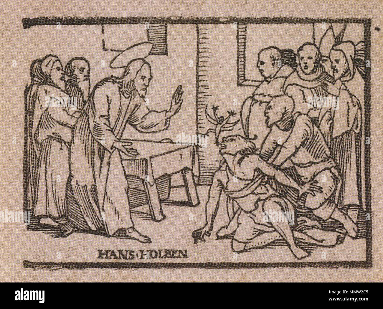 . Anglais : Christ chassant le diable. Gravure sur bois, 4,2 × 4,9 cm, British Museum, Londres. L'un d'un groupe d'impressions relatives à la dissolution des monastères au cours de la Réforme anglaise. En chiffres les photos sont décrits comme des moines, à moins de situations flatteur. Les gravures sur bois ont été produits à une époque où les moines réformateurs parodié impitoyablement. . C. 1538-40. Hans Holbein (1497/1498-1543) Noms alternatifs Hans Holbein der Jüngere Hans Holbein, peintre et dessinateur allemand Description Date de naissance/décès 1497 ou 1498 entre 7 octobre 1543 et 29 novembre 1543 Lieu o Banque D'Images