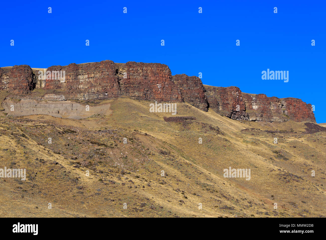 Géologie de la Sierra Baguales, Patagonie, Chili. Les traces blanches sur la falaise sont laissés par des condors de repos. Banque D'Images