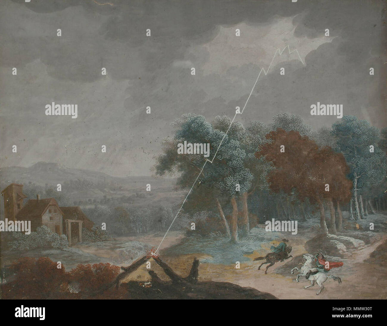 Anglais : un paysage boisé avec des cavaliers à l'abri dans une tempête Deutsch : Bewaldete Landschaft mit vor einem 4824 Gosau, Zuflucht Sturm suchend . fin du 17ème siècle - début du 18e siècle. Christoph Ludwig Agricola - Bewaldete Landschaft mit 4824 Gosau Banque D'Images