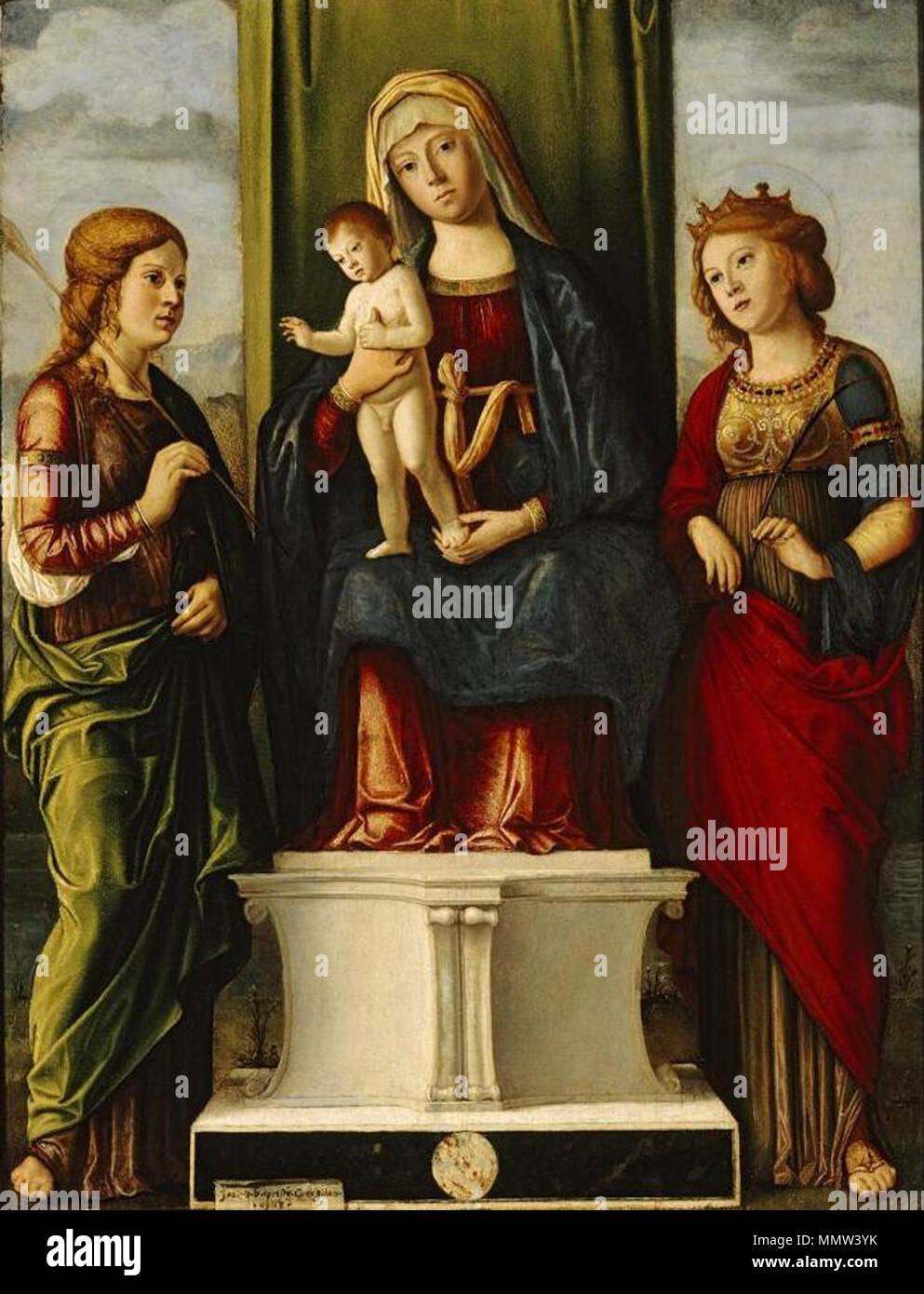 Intronisé vierge à l'enfant avec deux martyrs vierges. vers 1495. Cima da Conegliano, intronisé vierge à l'enfant avec deux martyrs vierges Banque D'Images