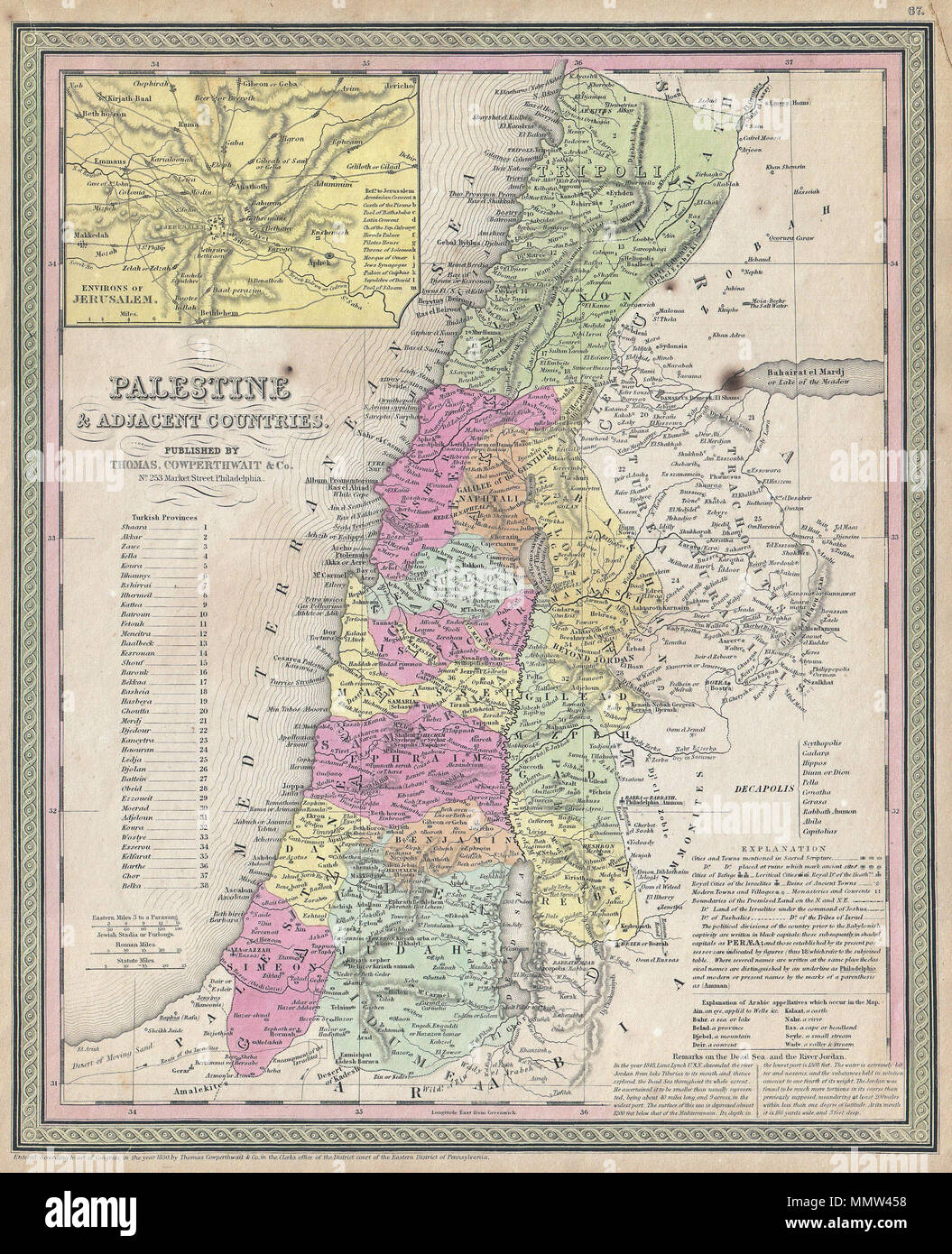 . Anglais : Un très joli exemple de S. A. S. Mitchell's 1853 Plan de la Palestine, d'Israël ou la Terre Sainte. Représente l'ensemble de la région de façon très détaillée. Lorsque cette carte a été faite de la Palestine ou Israël était sous le contrôle de l'Empire Ottoman. Provinces ottomanes ont des codes de couleur et numérotés. Une carte grande échelle dans le quadrant supérieur gauche montre les environs de Jérusalem. Texte dans le quadrant inférieur droit offre remarques sur la mer Morte et le Jourdain. Entouré par la frontière verte commune à Mitchell des cartes à partir des années 1850. Préparé par S. A. Mitchell pour publié sous la planche no 67 dans le 18 Banque D'Images