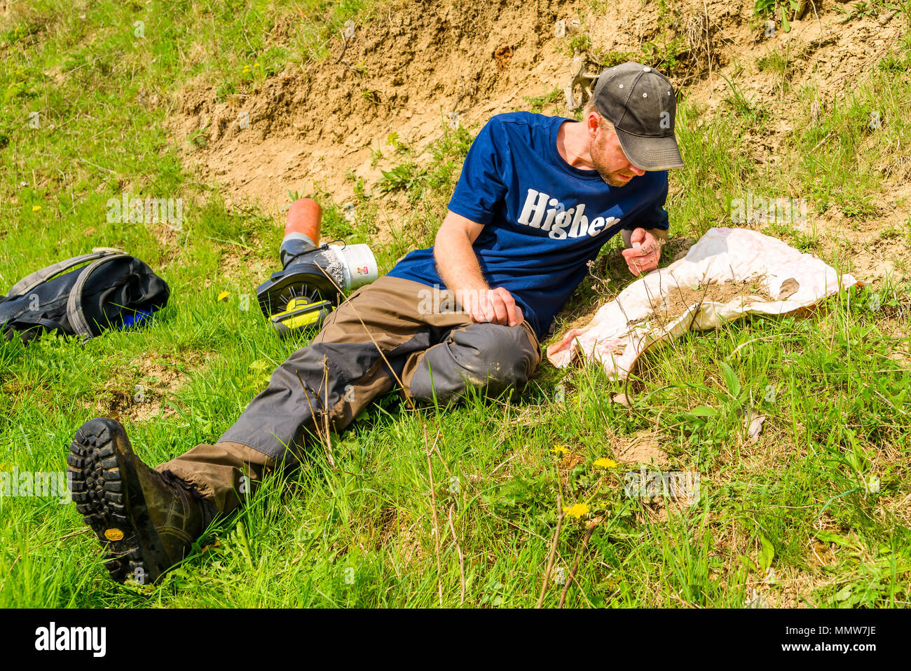 Glumslov, Suède - 29 Avril 2018 : Documentaire de la vie quotidienne et le lieu. La collecte pour les coléoptères scarabée surveyor inventaire. Ici vu à bee Banque D'Images