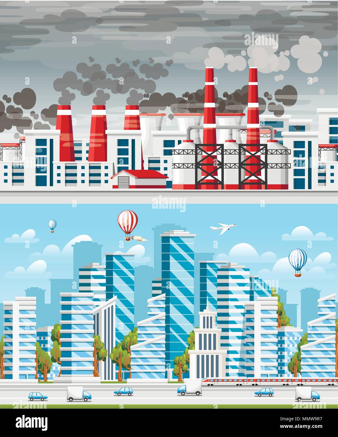 Les usines de tuyaux de fumée. Problème de la pollution de l'environnement. Usine de la terre polluer avec du gaz. Ville moderne avec un ciel clair. Concept de choix. Deux Illustration de Vecteur