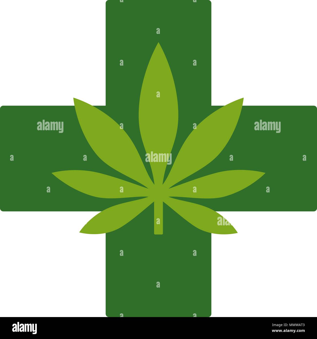 Feuilles de marijuana avec la croix verte. Le cannabis médical. Logo Icône Modèle. La santé et la thérapie médicale. Vector illustration isolé sur fond blanc. Illustration de Vecteur