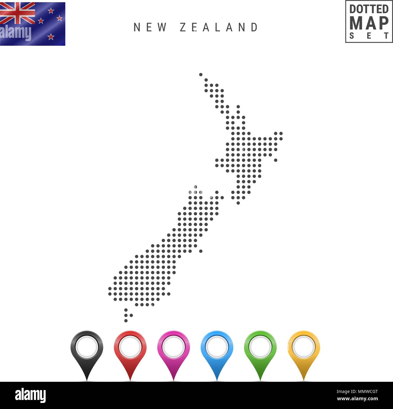 La carte à points de scénario de la Nouvelle-Zélande. Silhouette simple de la Nouvelle-Zélande. Drapeau de la Nouvelle-Zélande. Ensemble de marqueurs carte multicolore Illustration de Vecteur