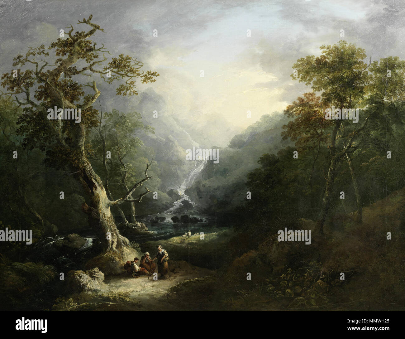 Un paysage boisé avec les voyageurs se reposer avant une cascade. Date inconnue. Cercle de George Barrett - un paysage boisé avec les voyageurs se reposer avant une chute d'eau Banque D'Images