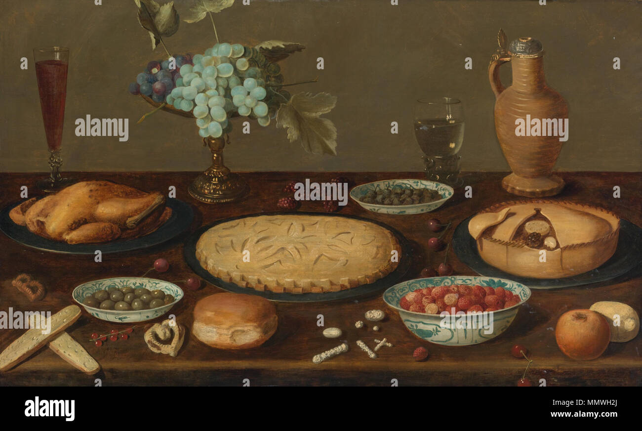 . La vie toujours avec les pâtés à la viande, une volaille rôtie, olives, câpres et les fraises dans des bols en porcelaine bleu et blanc, une tazza avec raisins, un Roemer rempli de vin, une cruche en céramique et d'autres éléments, le tout sur une table en bois huile sur panneau, 62 cm par 102,2 . 17e siècle. Cercle de Jacob van Es (vers 1596-1666) Noms alternatifs Jacob van Es, Jacob Fopsen van Es Iaces van Es, Jacop van Es, Jakob van Es, Jacob van Esch Foppens, Jacob Fopsen van Esch, Jacob van Esch, Jacob van Essen Foppens, Jacob Fopsen van Essen, Jacob van Essen, Jacob, Jacob Van Fossen Fossens Es Description peintre flamand Date de Banque D'Images