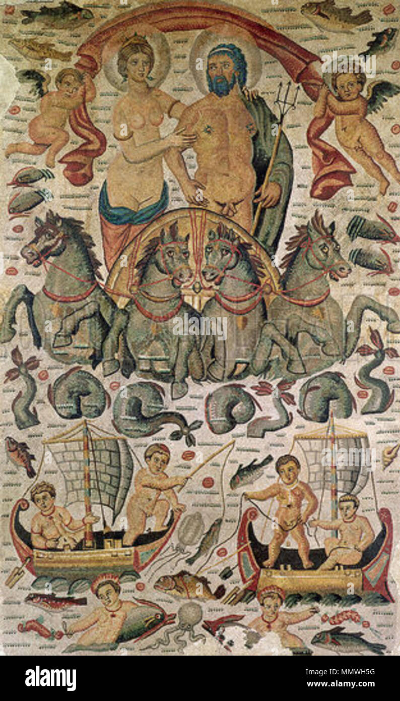 . English : 'Triomphe de Neptune et Amphitrite', une mosaïque romaine de Cirta, maintenant au Louvre (ca. 315-325 AD) Русский : Луврская мозаика Цирты (ок из. 320 г.) изображающая Нептуна триумф и, Амфитриты. Le Triomphe de Neptune et Amphitrite, fragment de la chaussée, à partir de Constantine, Algérie Cirta mosaic Banque D'Images