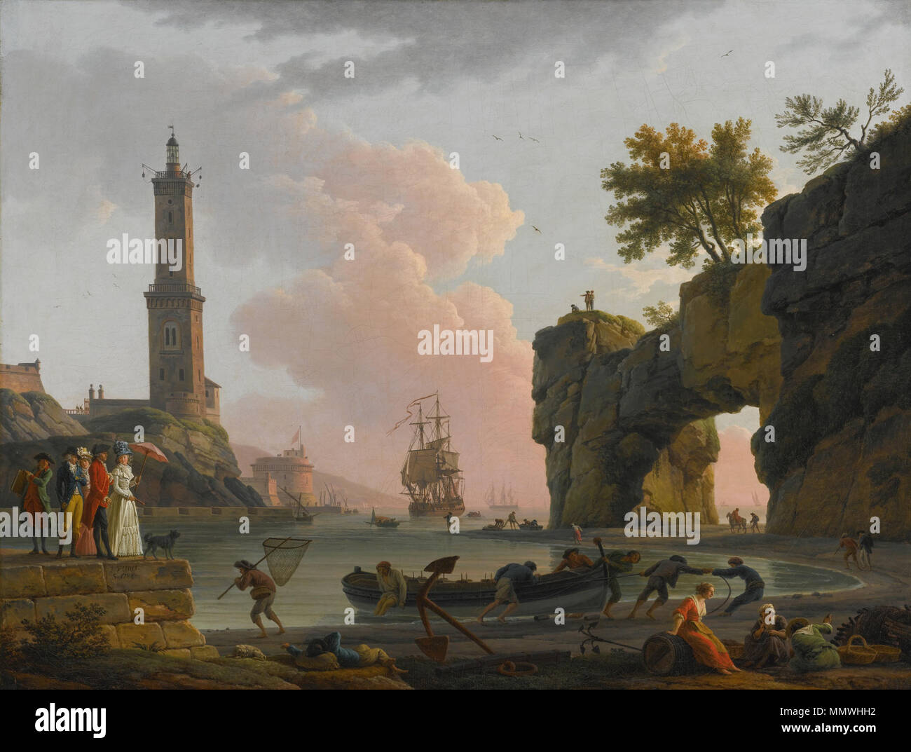 . English : CLAUDE-JOSEPH VERNET AVIGNON 1714 - 1789 Le port méditerranéen de PARIS AU COUCHER DU SOLEIL AVEC L'artiste, sa fille Émilie CHALGRIN, SON FILS CARLE VERNET, sa belle-fille, Fanny MOREAU, ET SON SERVITEUR SAINT-JEAN, SUR UN QUAI, UN PHARE ET UNE ARCHE naturelle au-delà signé et daté, en bas à gauche : j. vernet / F. 1788 huile sur toile, 87 cm par 113,6. Port méditerranéen au coucher du soleil. 28 janvier 2013, 19:06:09. Claude-Joseph Vernet (1714-1789) CLAUDE-JOSEPH VERNET PORT MÉDITERRANÉEN AU COUCHER DU SOLEIL AVEC L'ARTISTE Banque D'Images