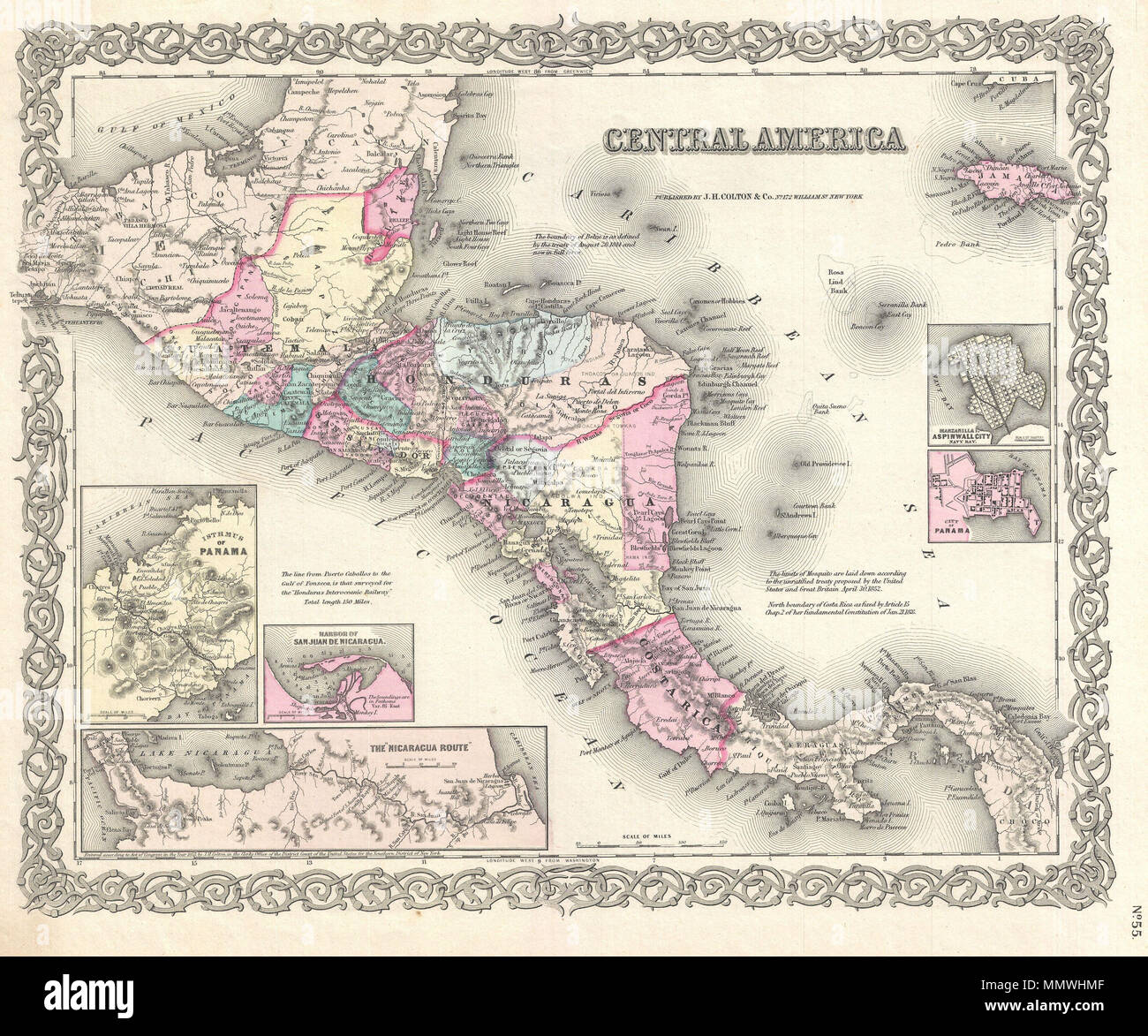 . Anglais : Une belle première édition 1855 Exemple de Colton's Carte de l'Amérique centrale et de la Jamaïque. Couvercles du Yucatan sud-est jusqu'au Panama et au nord jusqu'à la Jamaïque. Comme la plupart de Colton's de l'Amérique, cette carte est en grande partie dérivé d'une carte murale de l'Amérique du Nord produit par Colton et Griffing D. Johnson. Dispose de plusieurs cartouches, dont l'Isthme de Panama, le Port de San Juan de Nicaragua, le Nicaragua Itinéraire, Aspinwall Ville, et la ville de Panama. Tout au long de la carte, Colton identifie les différentes villes, villages, des forts, des rivières, des rapides, des gués, et une assortm Banque D'Images