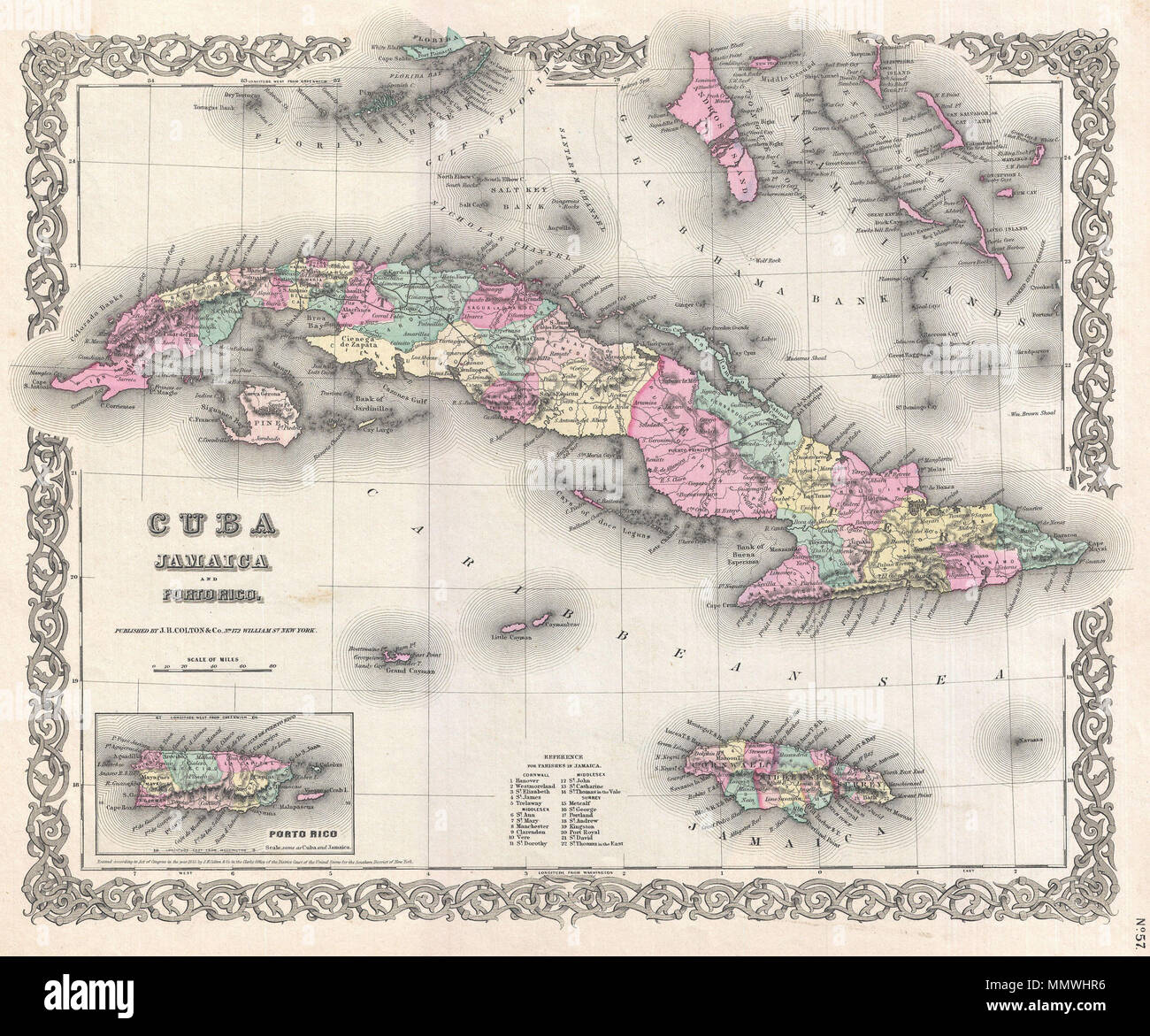 . Anglais : Une belle première édition 1855 Exemple de Colton's Carte de Cuba, la Jamaïque, Porto Rico et aux Bahamas. Centré sur Cuba, cette carte s'étend au nord d'inclure la côte de Floride et New Providence Island, s'étend au sud jusqu'à la Jamaïque. Comprend les îles Caïman et un encart détaillé de Porto Rico dans le quart inférieur gauche. Comme la plupart de Colton's de l'Amérique, cette carte est en grande partie dérivé d'une carte murale de l'Amérique du Nord produit par Colton et Griffing D. Johnson. Colton identifie les différentes villes, villages, des forts, des rivières, des rapides, des gués, et un assortiment d'offshore supplémentaires Banque D'Images