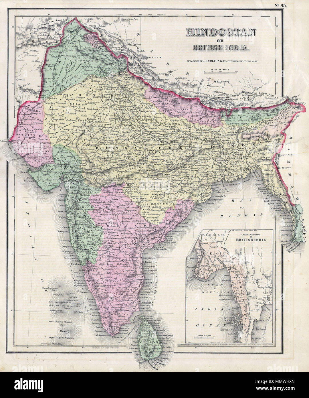 . Anglais : cette carte en couleur de l'Inde ou l'Hindostan est une plaque en acier, gravure datant de 1855 par l'excellente réputation de milieu du 19ème siècle American cartographe Colton. Carte représente la plus grande partie de ce qui est aujourd'hui l'Inde moderne et ce qui a été, quand cette carte a été faite, l'Inde britannique. Inclut également la province de Pégou ou ce qui est aujourd'hui la Birmanie / Myanmar. L'Inde ou l'Hindostan.. 1855. Colton 1855 Carte de l'Inde ou l'Hindostan - Geographicus - Inde-cbl-1855 Banque D'Images