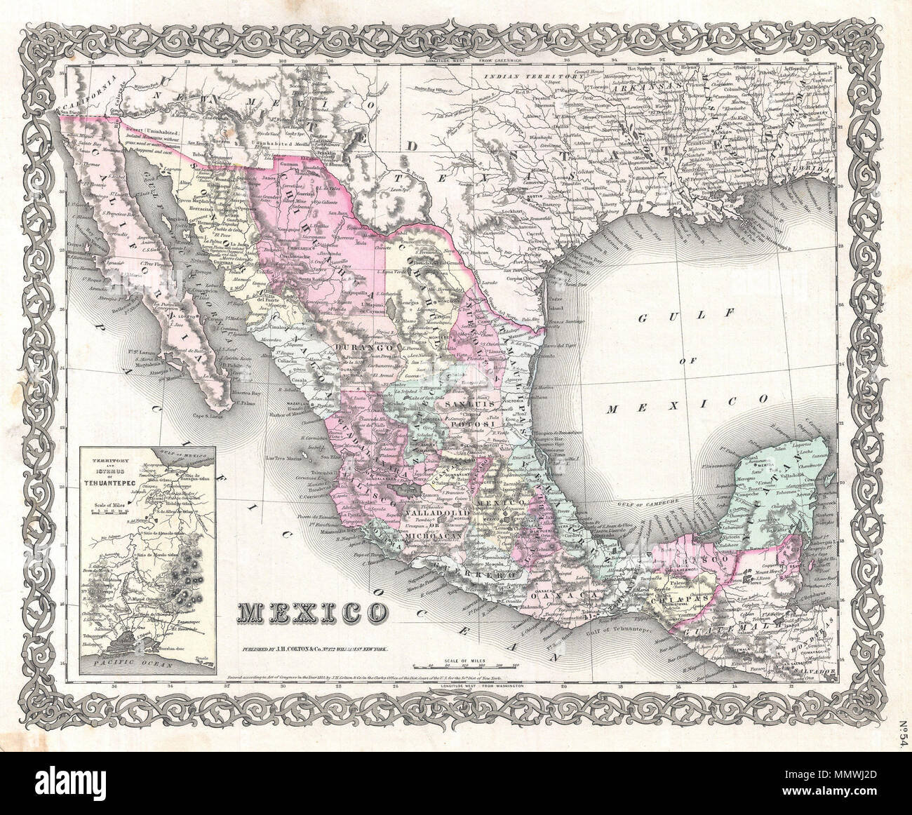 . Anglais : Une belle première édition 1855 Exemple de Colton's carte du Mexique. Comprend tous les jours le Mexique moderne ainsi que la plupart du Texas, Guatemala, Belize, et les régions adjacentes. Comme la plupart de Colton's de l'Amérique, cette carte est en grande partie dérivé d'une carte murale de l'Amérique du Nord produit par Colton et Griffing D. Johnson. Comprend quelques notations intéressantes telles ici et là comme inhabitée, isolée et maintient sans bois ou les eaux d'herbe... Une carte grande échelle dans le coin inférieur gauche de détails le territoire et l'Isthme de Tehuantepec - le site d'un projet mais jamais construite au Panama Banque D'Images