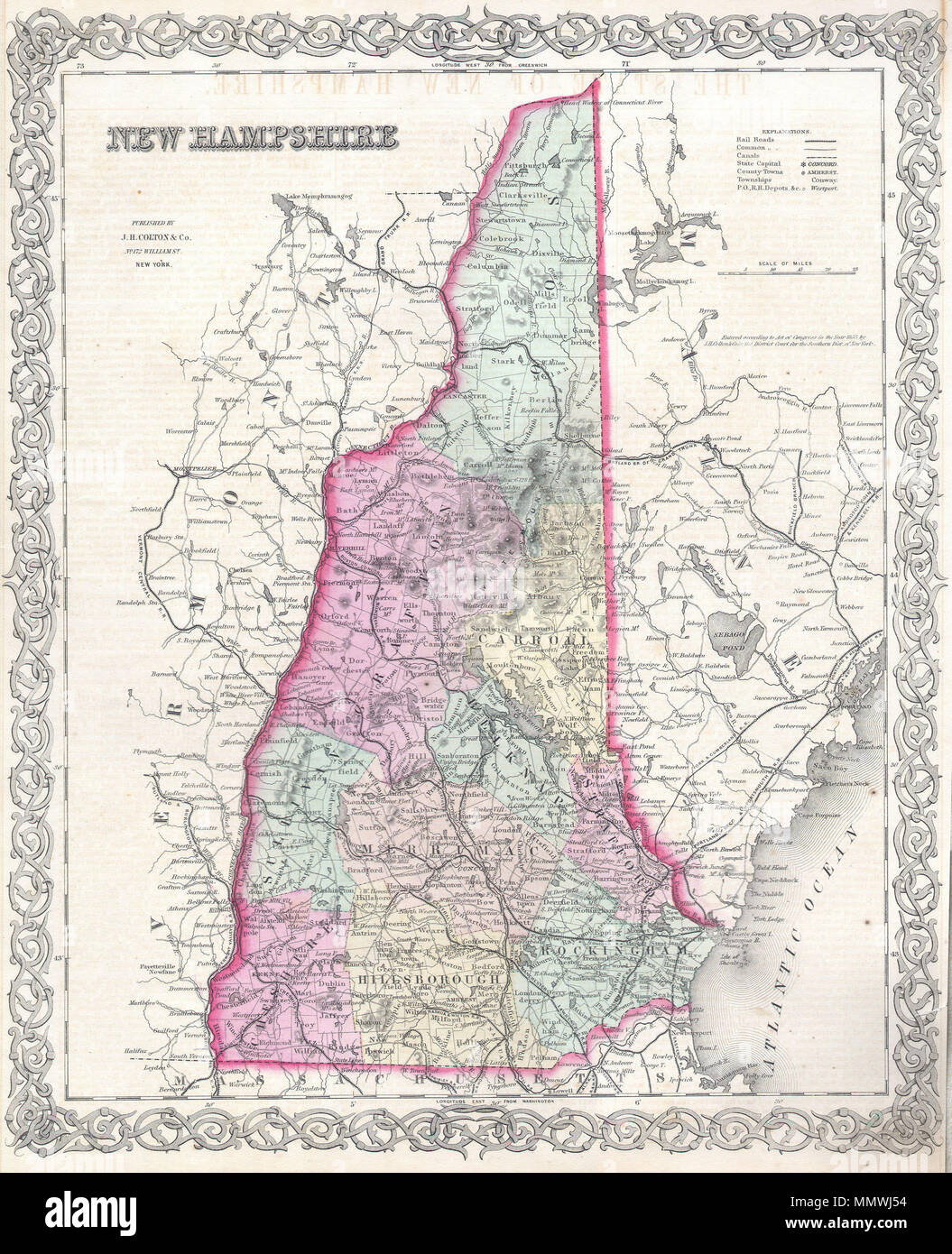 . Anglais : l'un des peu de cartes spécifiquement du New Hampshire publié dans le milieu des 19e siècle. L'état décrit au complet avec de superbes détails concernant les villes, système de transport, les caractéristiques géographiques et les comtés. Préparé par J. H Colton pour l'inclusion comme la planche no 10 dans le numéro 1855 de Colton's New Atlas général . En date du et la propriété "entré en fonction d'une loi du Congrès dans l'année 1855 par J. H. Colton & Co. en cour de district du sud de l'Arr. de New York. New Hampshire.. 1855 (daté). 1855 Colton Plan de New Hampshire - Geographicus - NewHampshire-colton-1855 Banque D'Images