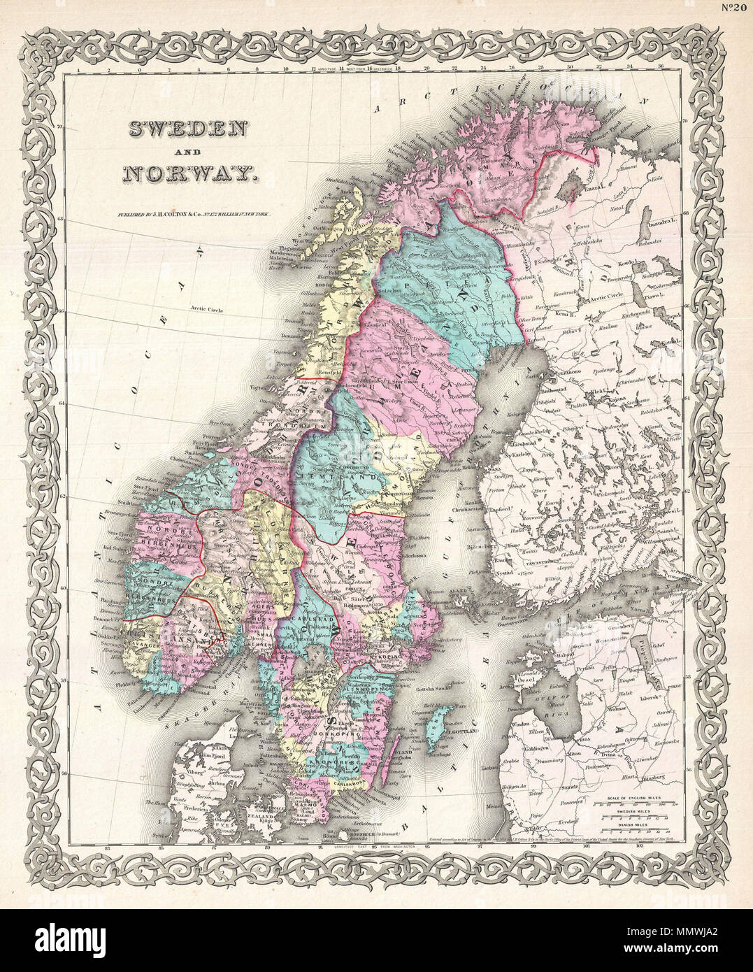 . Anglais : Une belle première édition 1855 Exemple de Colton's Carte de l'Afrique de l'Est. À partir de la mer Arctique couvre le sud au Danemark et à l'est jusqu'au golfe de Finlande. Comprend les nations modernes de la Suède et de la Norvège, avec une partie de près au Danemark et en Finlande. Tout au long, Colton identifie les différentes villes, villages, rivières et assortiment de plus de détails topographiques. D'intérêt particulier est le légendaire Maelstrom Lofoten, dans le nord-ouest de la Norvège. Ce légendaire whirlpool a été l'inspiration pour Edgar Allan Poe conte classique « descente dans le maelström'. En réalité, c'est un par Banque D'Images