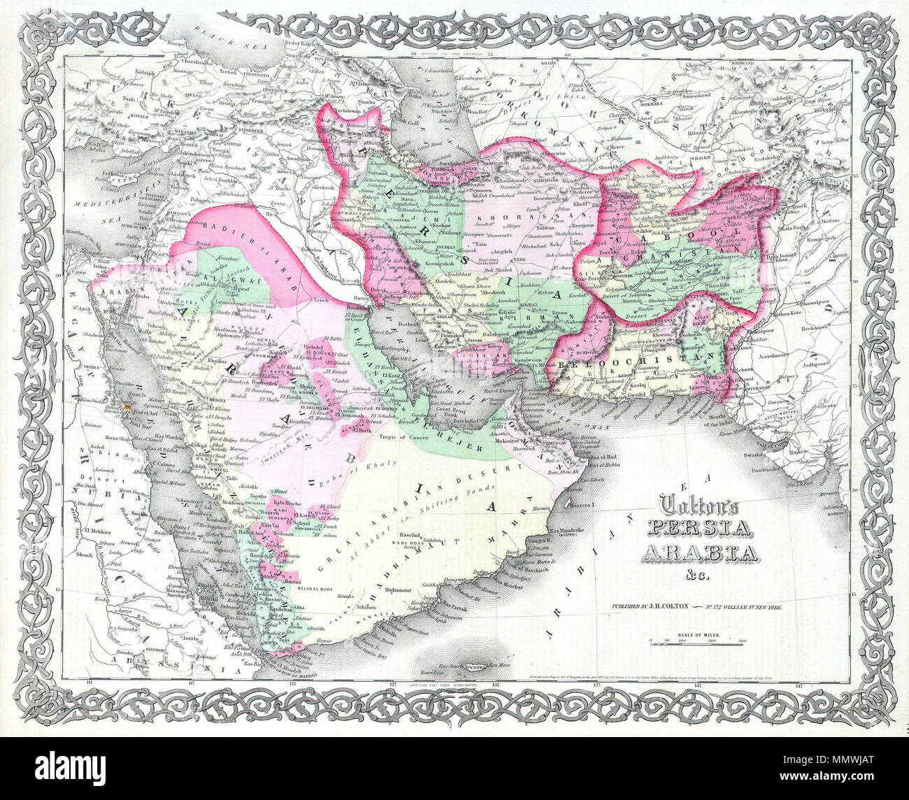 . Anglais : Site de Perse et d'Arabie de J. H. Colton's 1855 Atlas du monde. Couvre l'Afghanistan, l'Iran, l'Iraq, la Jordanie, et de la péninsule Arabique (Arabie saoudite, le Yémen, le Koweït, les Emirats arabes unis et Oman). La carte est une lithographie d'une plaque en acier gravé. Détails des routes commerciales du désert, des oasis, des centres commerciaux, etc. belle main couleur. Colton's Perse Saoudite. 1855. 1855 Colton site de Perse ( ^ Saoudite Arabie Saoudite, Irak, Israël et l'Afghanistan ) - Geographicus - PersiaArabia-c-55 Banque D'Images